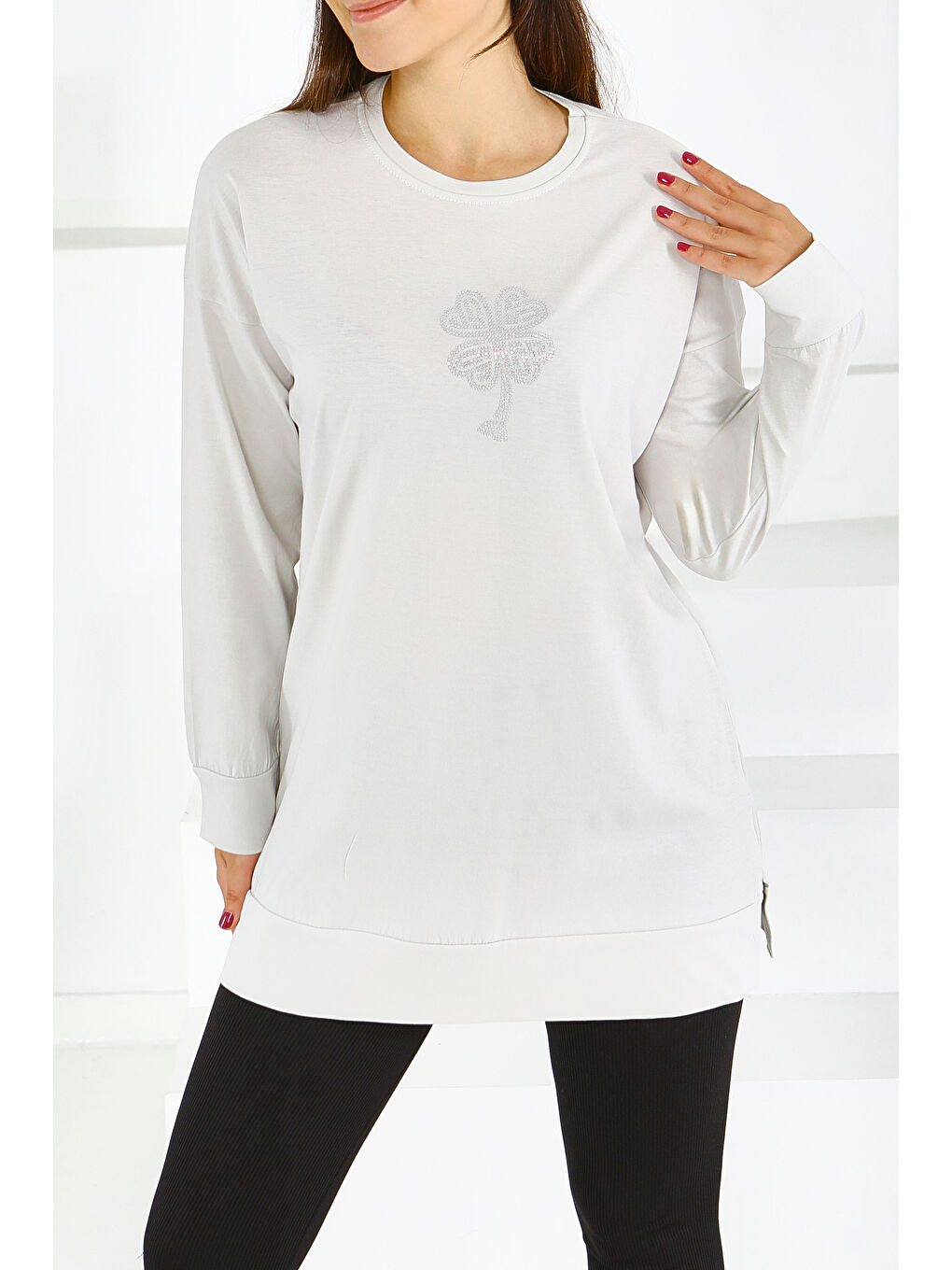 Bej Uzun Kollu Taşlı Süprem Tunik Taş - 27582-2