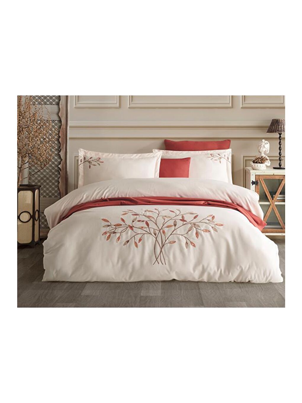 Ekru Amor Nakışlı %100 Pamuk Saten Çift Kişilik Nevresim Takımı-1