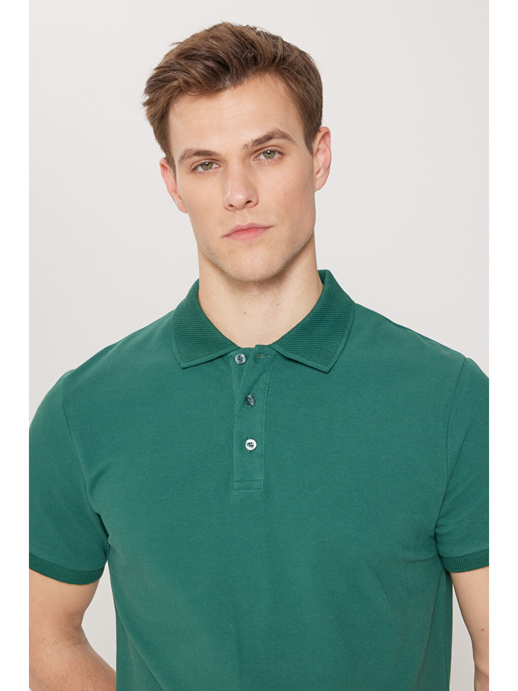 Erkek Koyu Yeşil Slim Fit Dar Kesim Polo Yaka %100 Pamuk Kısa Kollu Tişört-3