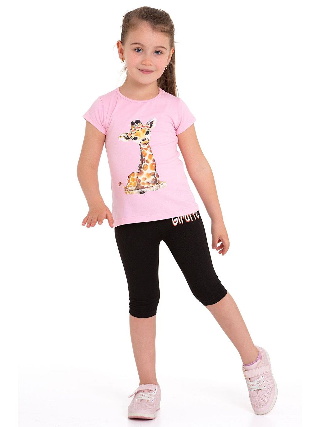 Zürafa Baskılı Açık Pembe Renk Kız Çocuk Taytlı Takım