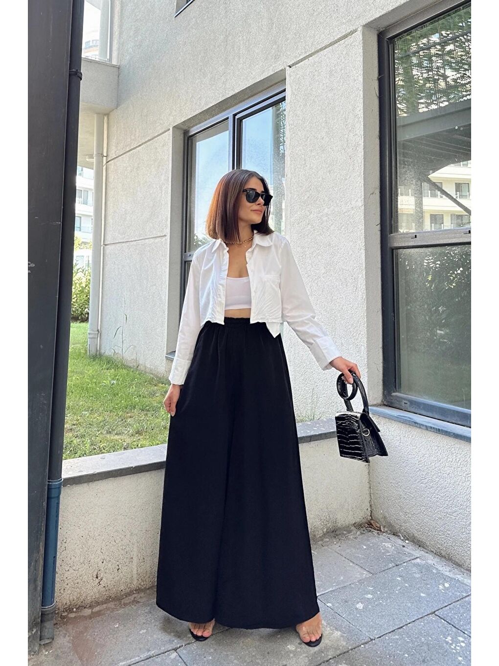 Siyah Beli Lastikli İspanyol Bol Paça Pantolon-2