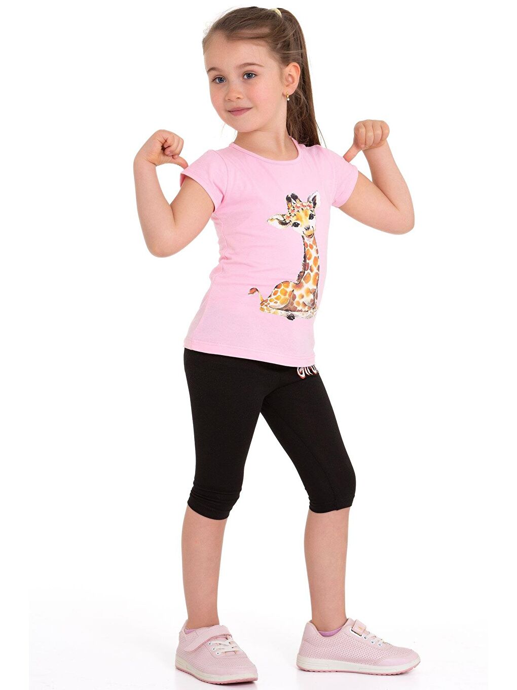 Zürafa Baskılı Açık Pembe Renk Kız Çocuk Taytlı Takım-1
