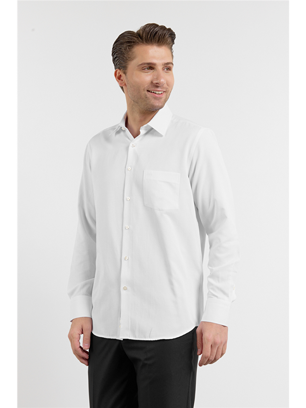 Beyaz Çizgili Desen Sert Yaka Uzun Kol Cepli Comfort Fit Pamuklu Gömlek 1004255268-2