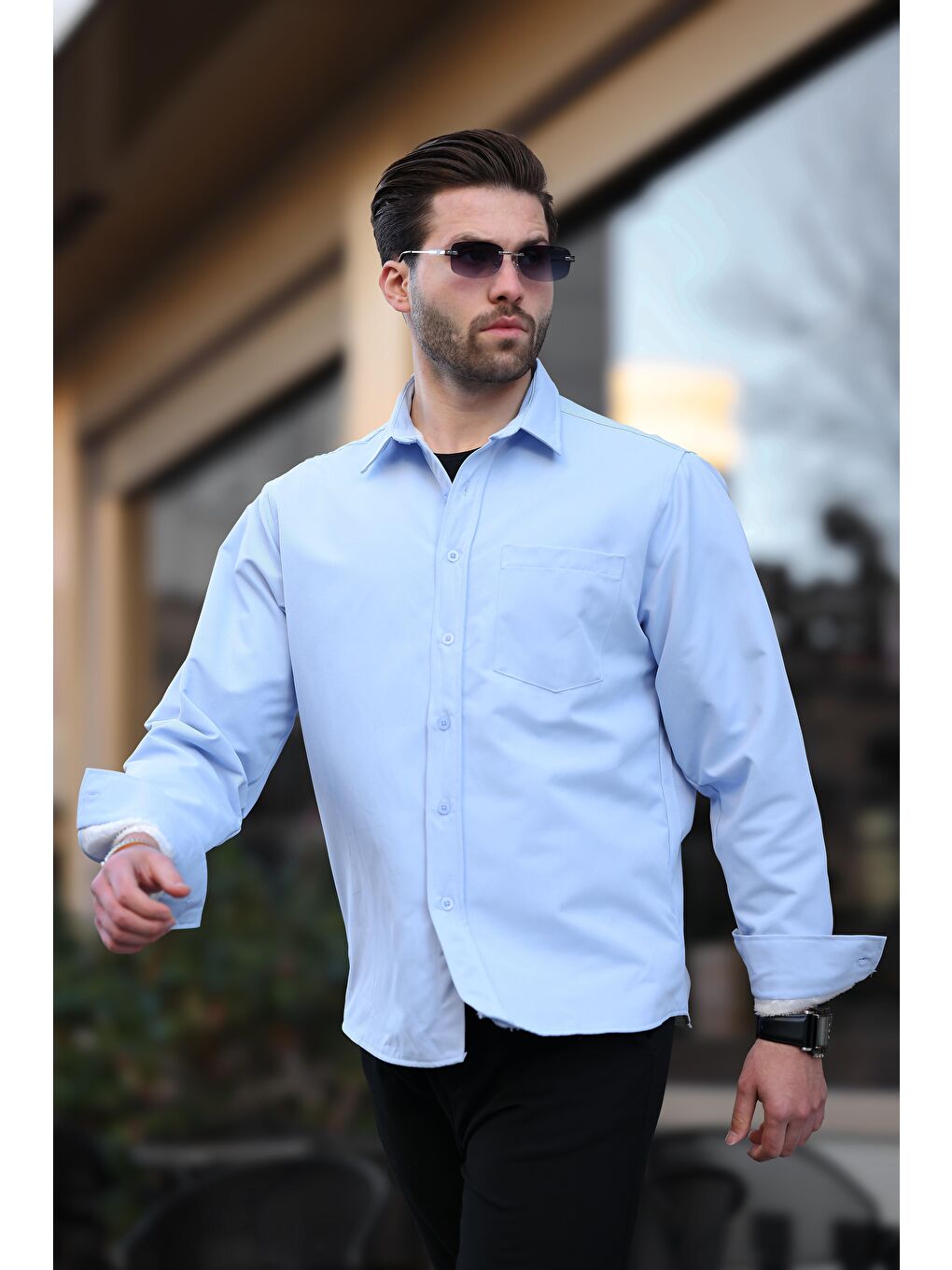 Mavi İçi Polarlı Erkek Gömlek E6759-1