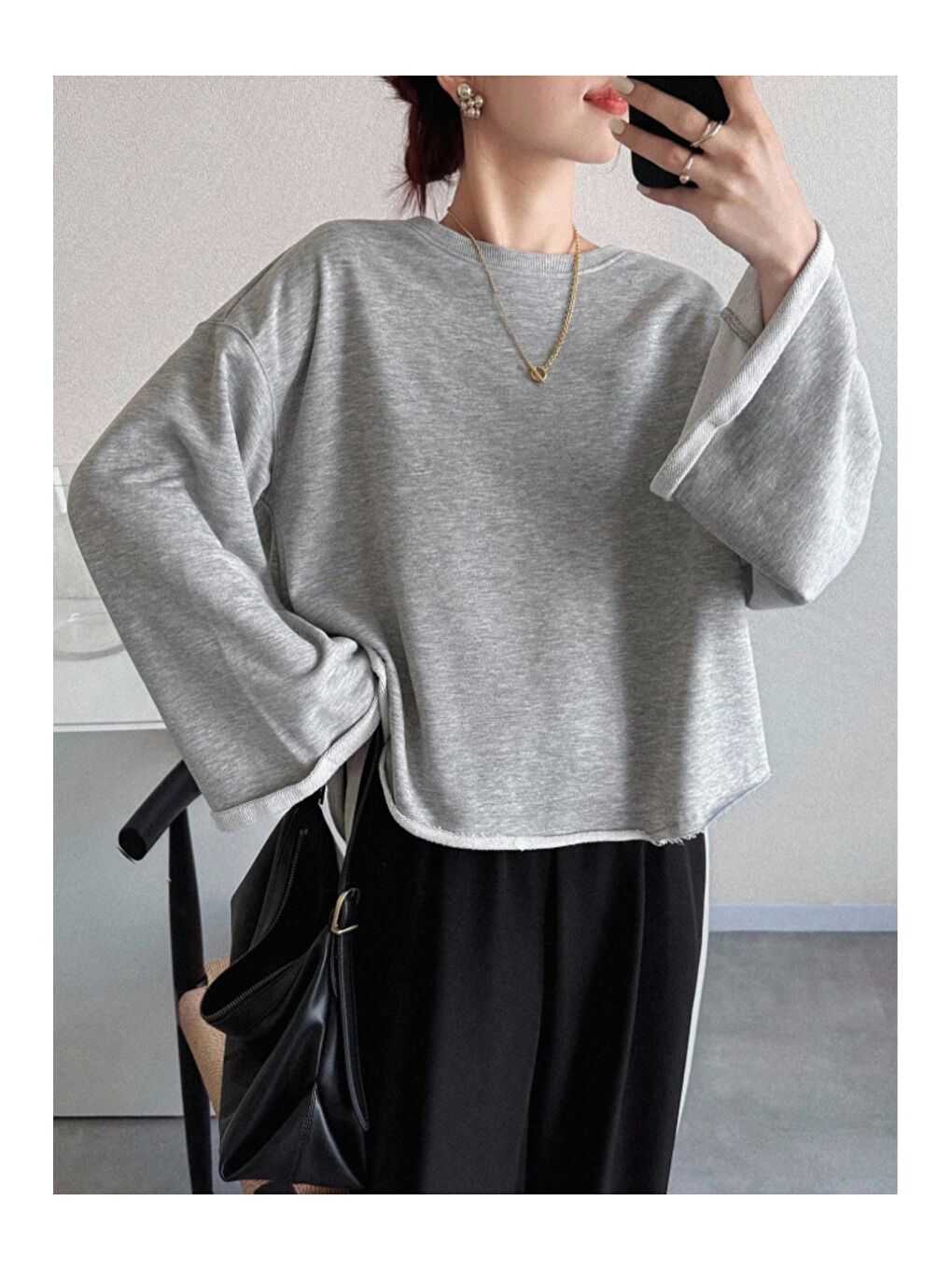 Gri Oversize Kesim Bisiklet Yaka Uzun Kollu Sweatshirt-1