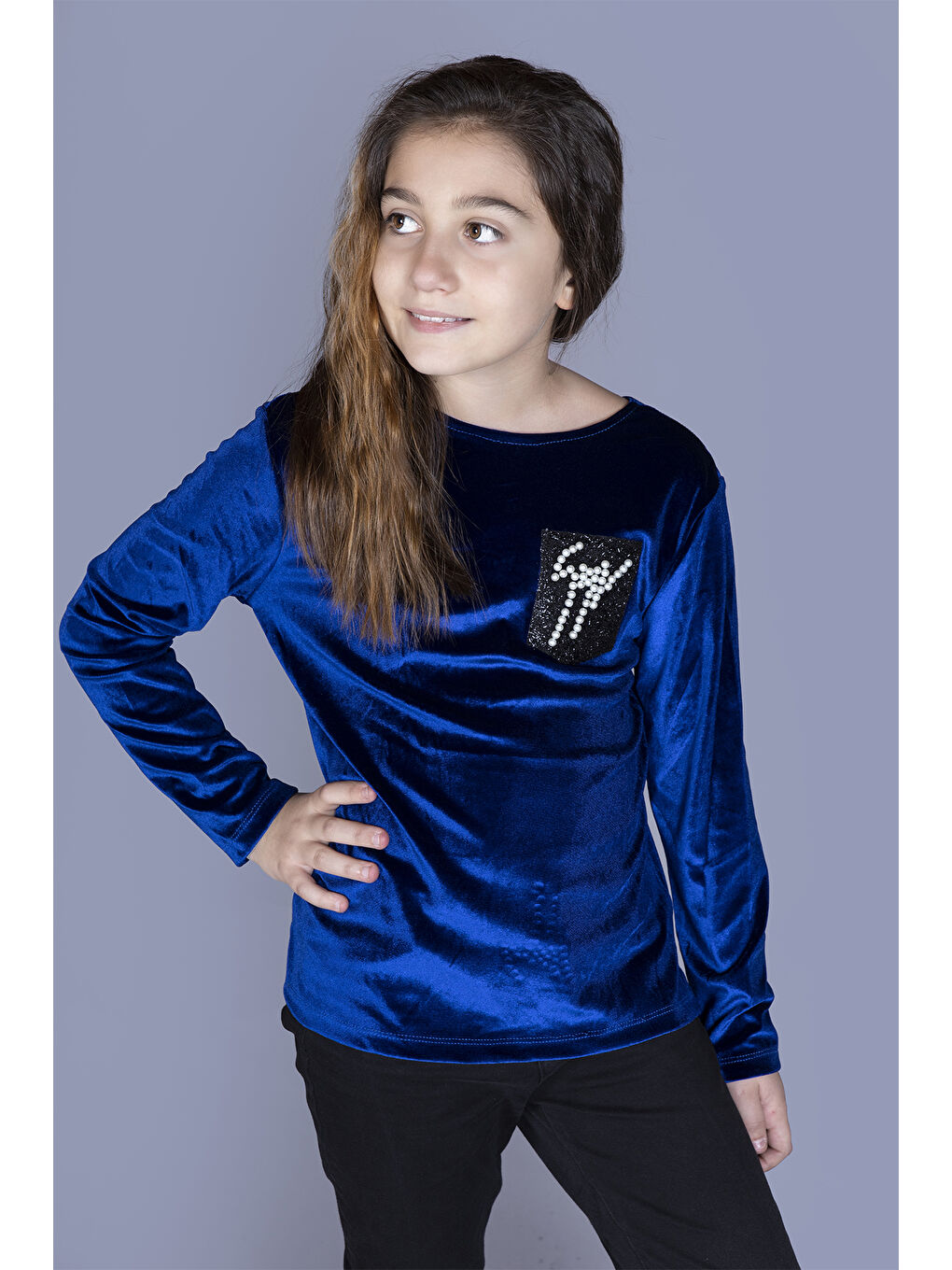 Mavi Kız Çocuk Göğsü İncili Tişört