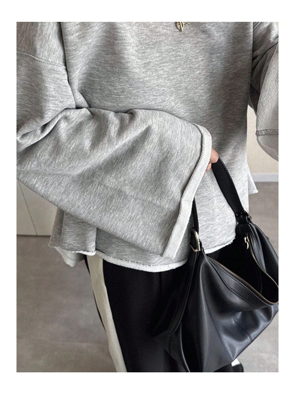 Gri Oversize Kesim Bisiklet Yaka Uzun Kollu Sweatshirt-2