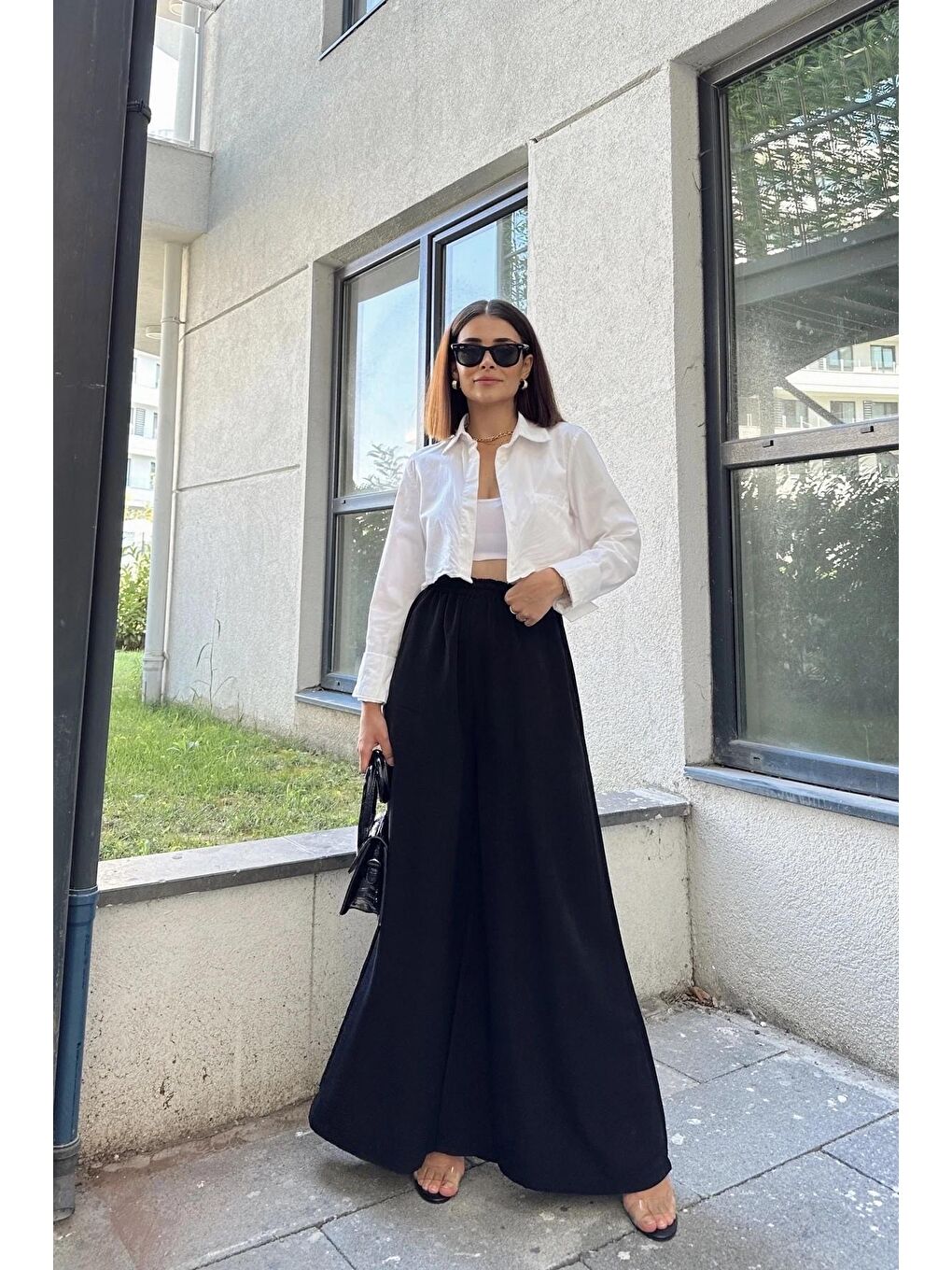 Siyah Beli Lastikli İspanyol Bol Paça Pantolon-4