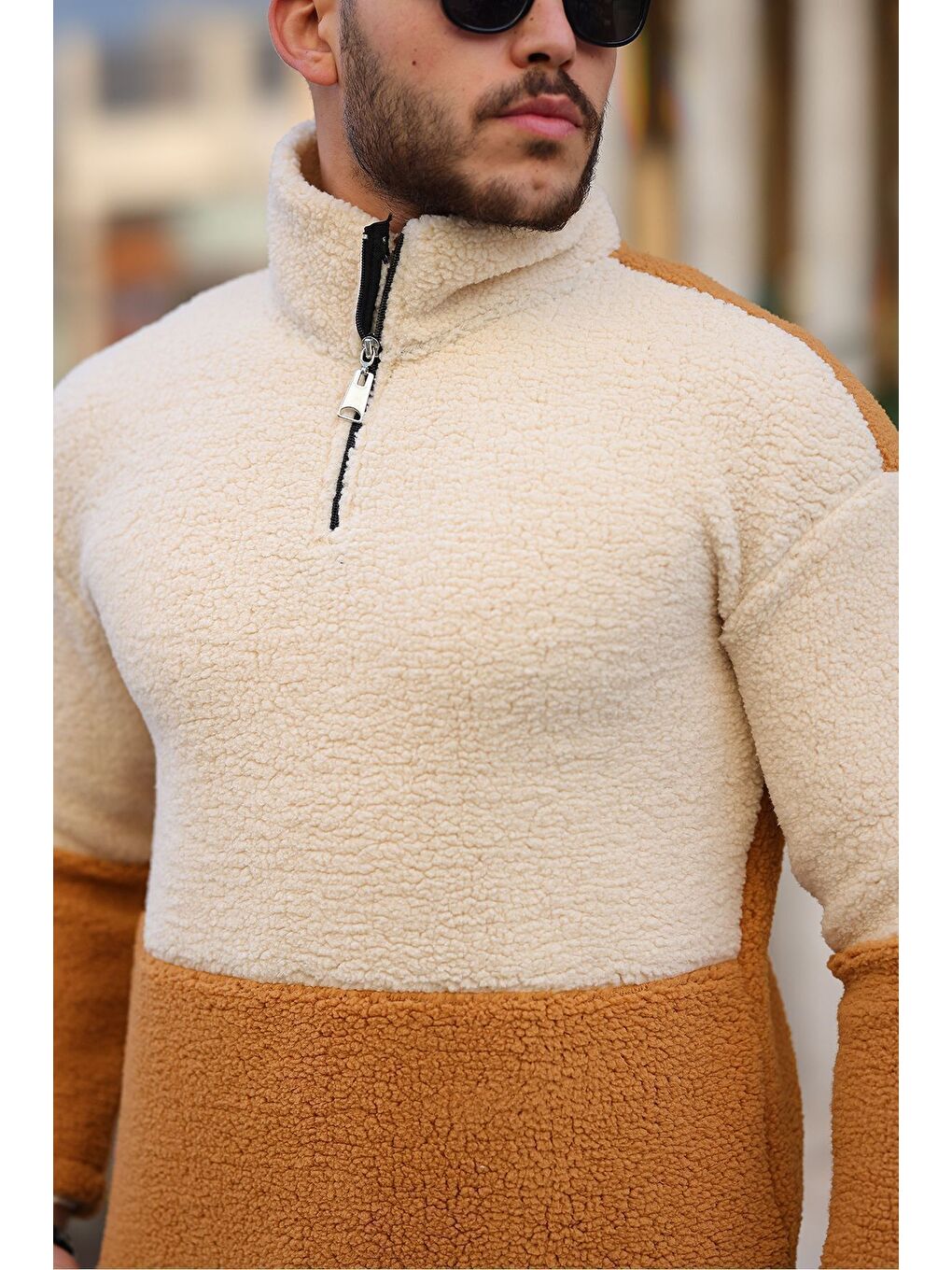 Kahverengi Yarım Fermuarlı Çift Renk Pelüş Sweatshirt-1