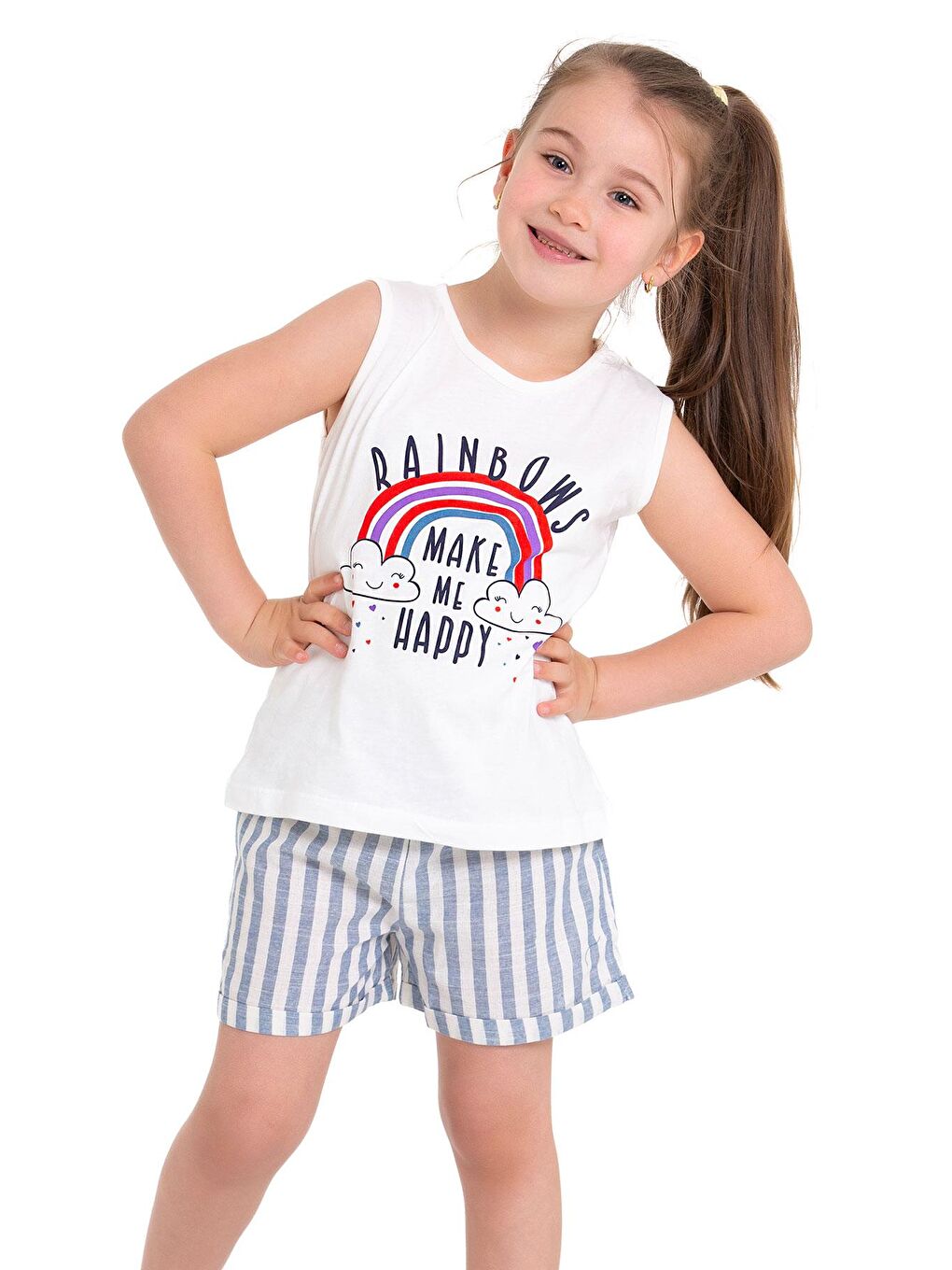 Lila Sıfır Kol Baskılı Çizgili Ekru Indigo Renk Kız Çocuk Şortlu Takım
