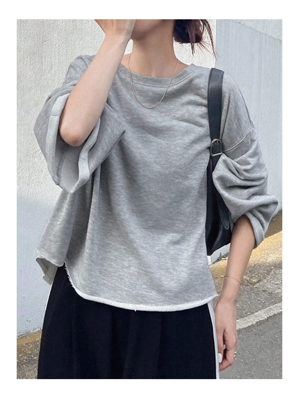 Gri Oversize Kesim Bisiklet Yaka Uzun Kollu Sweatshirt-4