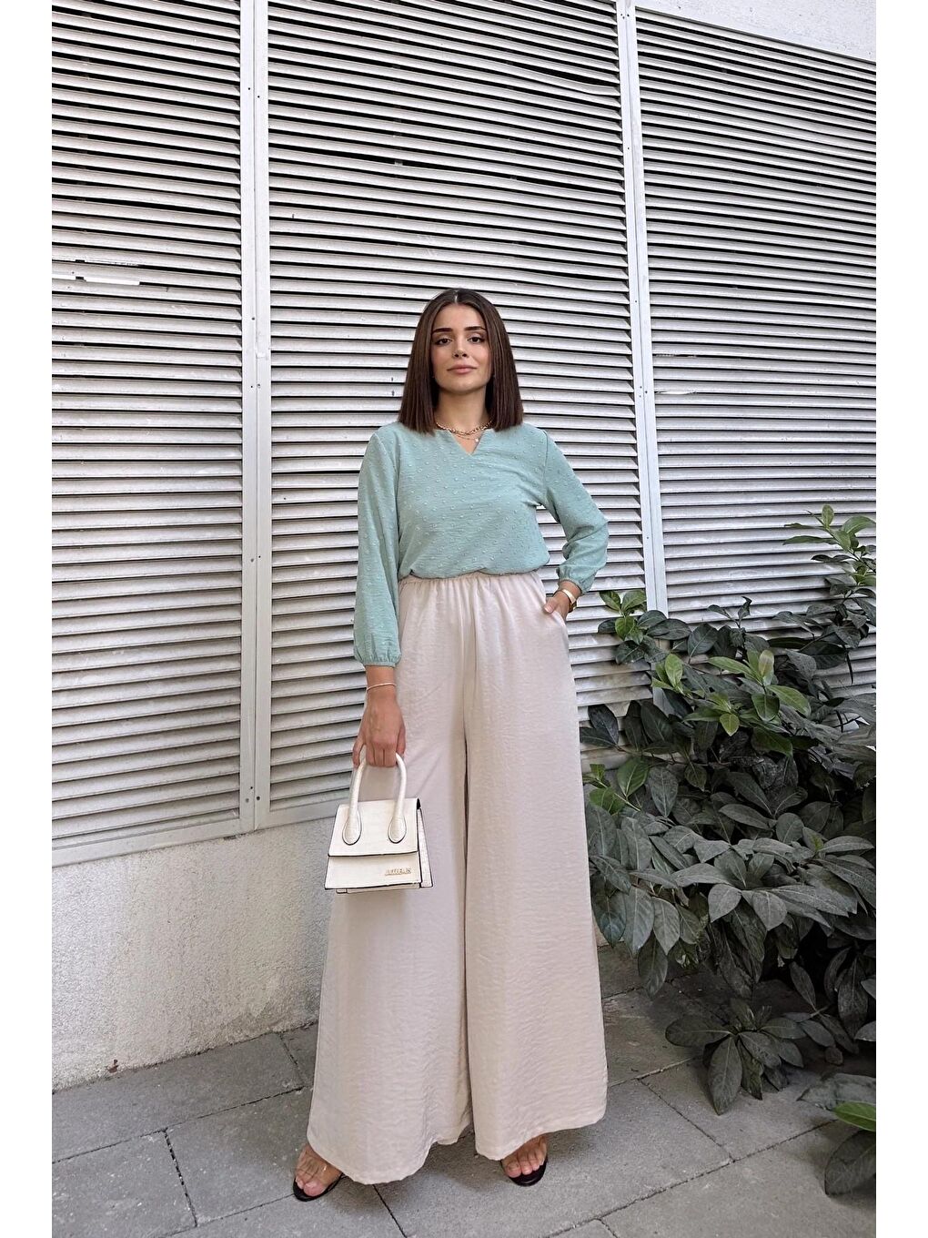 Bej Beli Lastikli İspanyol Bol Paça Pantolon-1