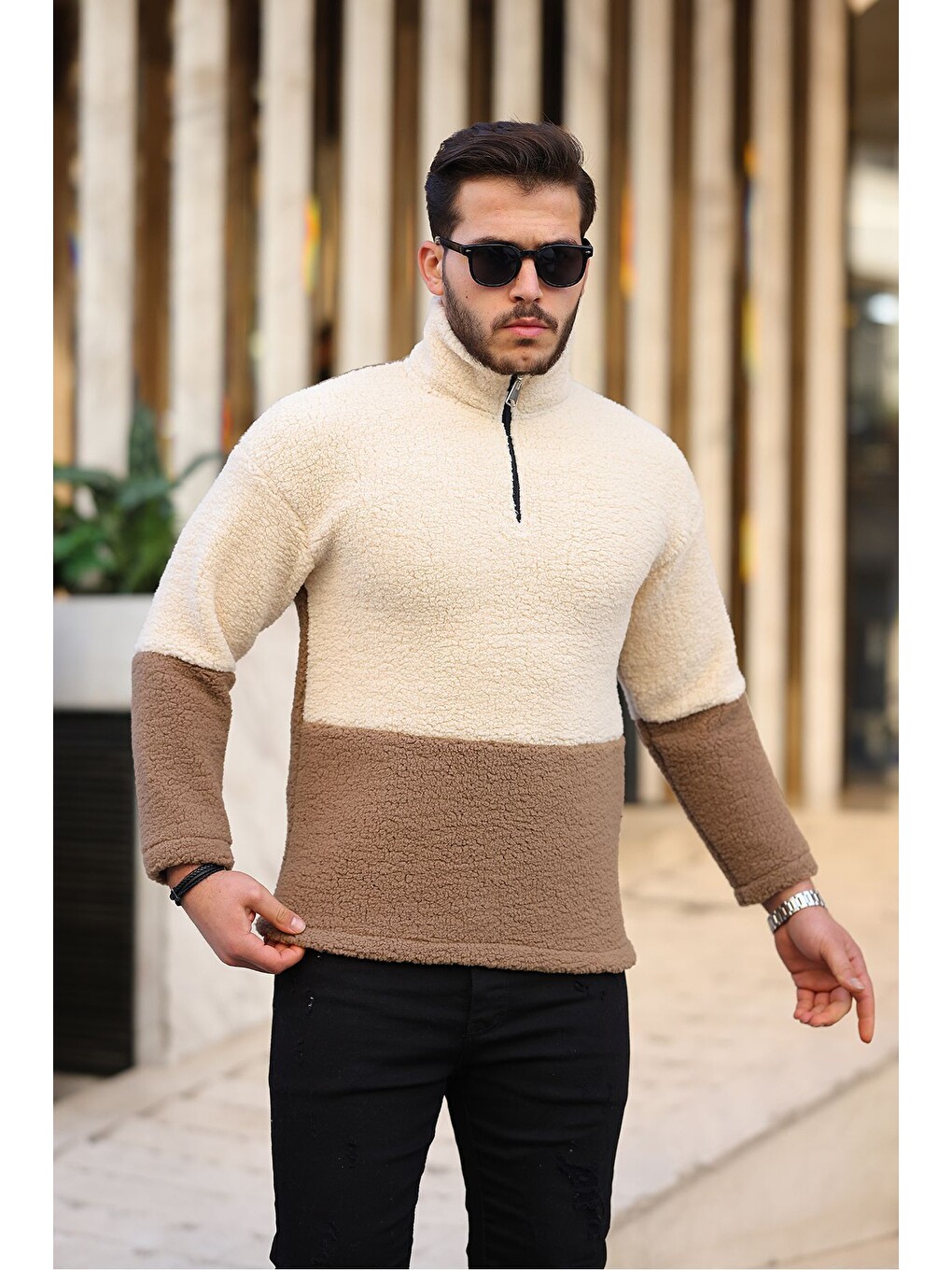 Kahverengi Yarım Fermuarlı Çift Renk Pelüş Sweatshirt