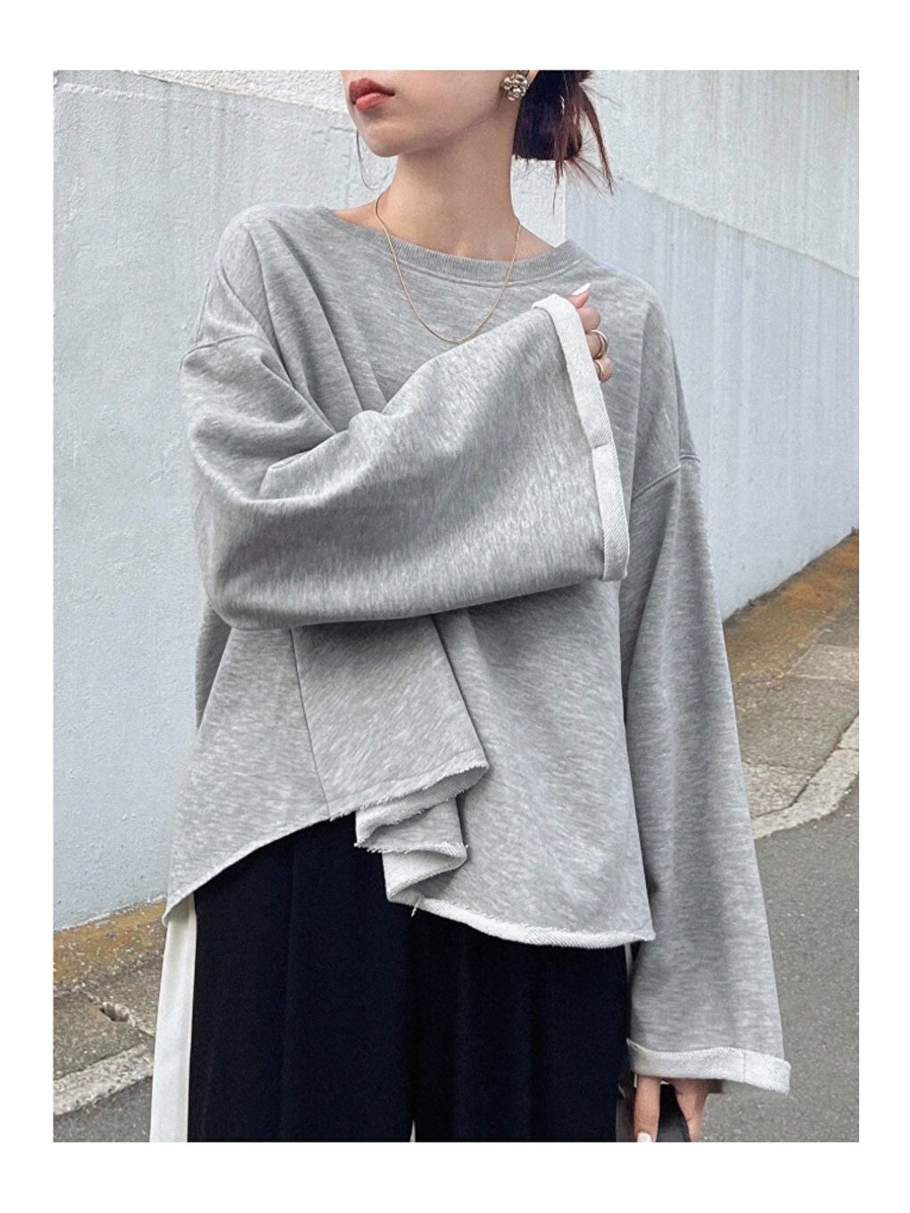 Gri Oversize Kesim Bisiklet Yaka Uzun Kollu Sweatshirt-5