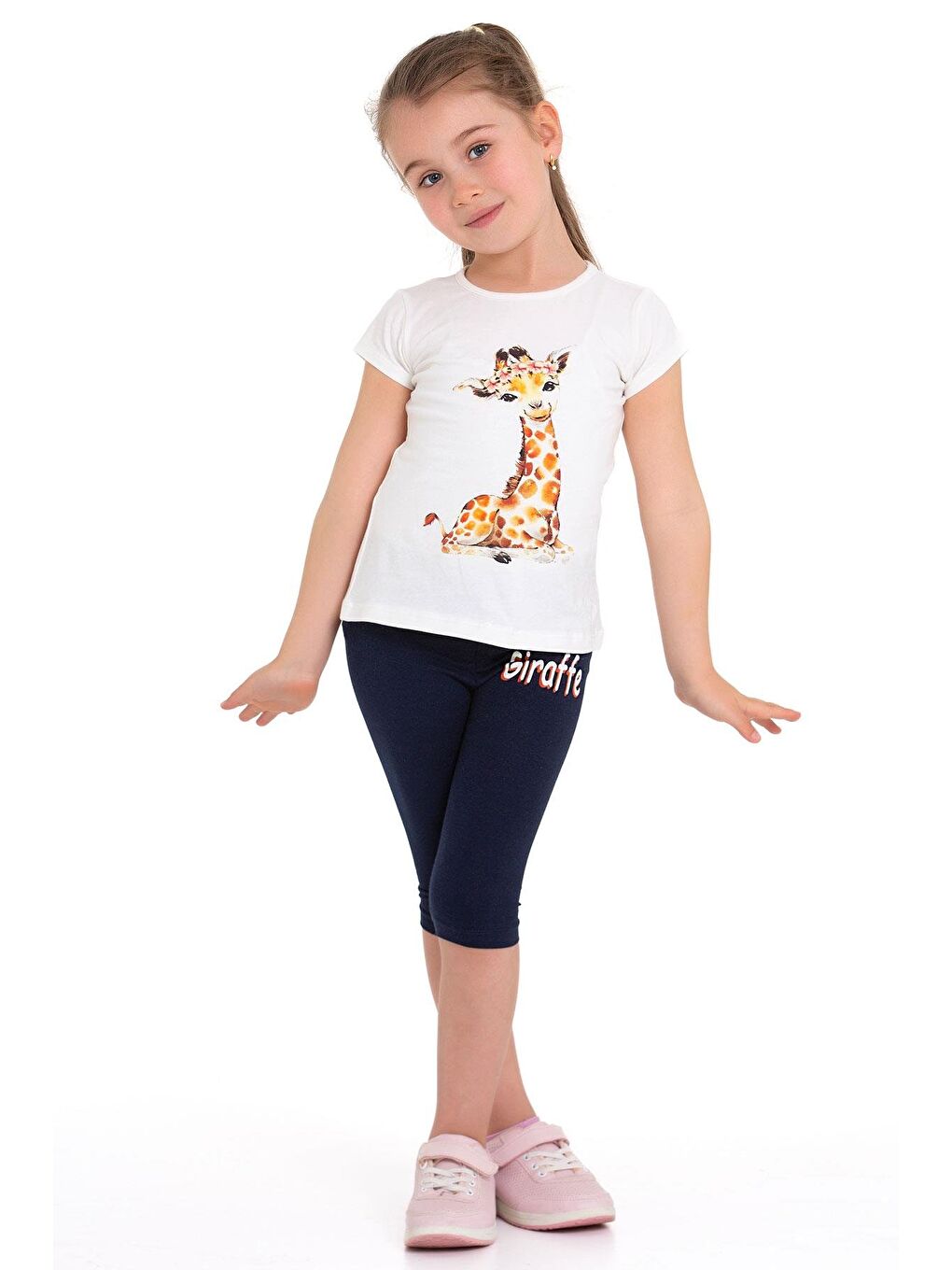 Zürafa Baskılı Ekru Renk Kız Çocuk Taytlı Takım-1