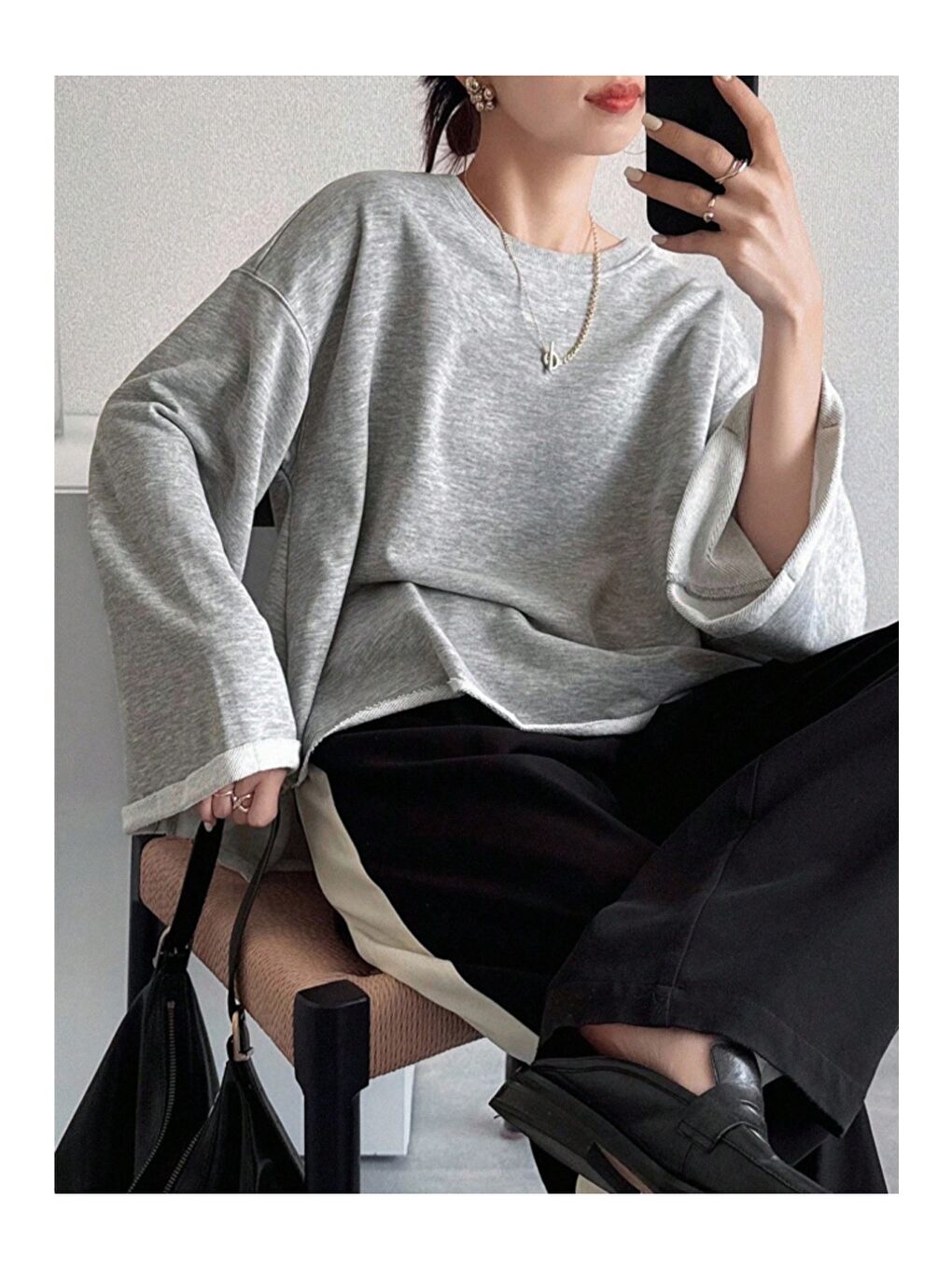 Gri Oversize Kesim Bisiklet Yaka Uzun Kollu Sweatshirt-6