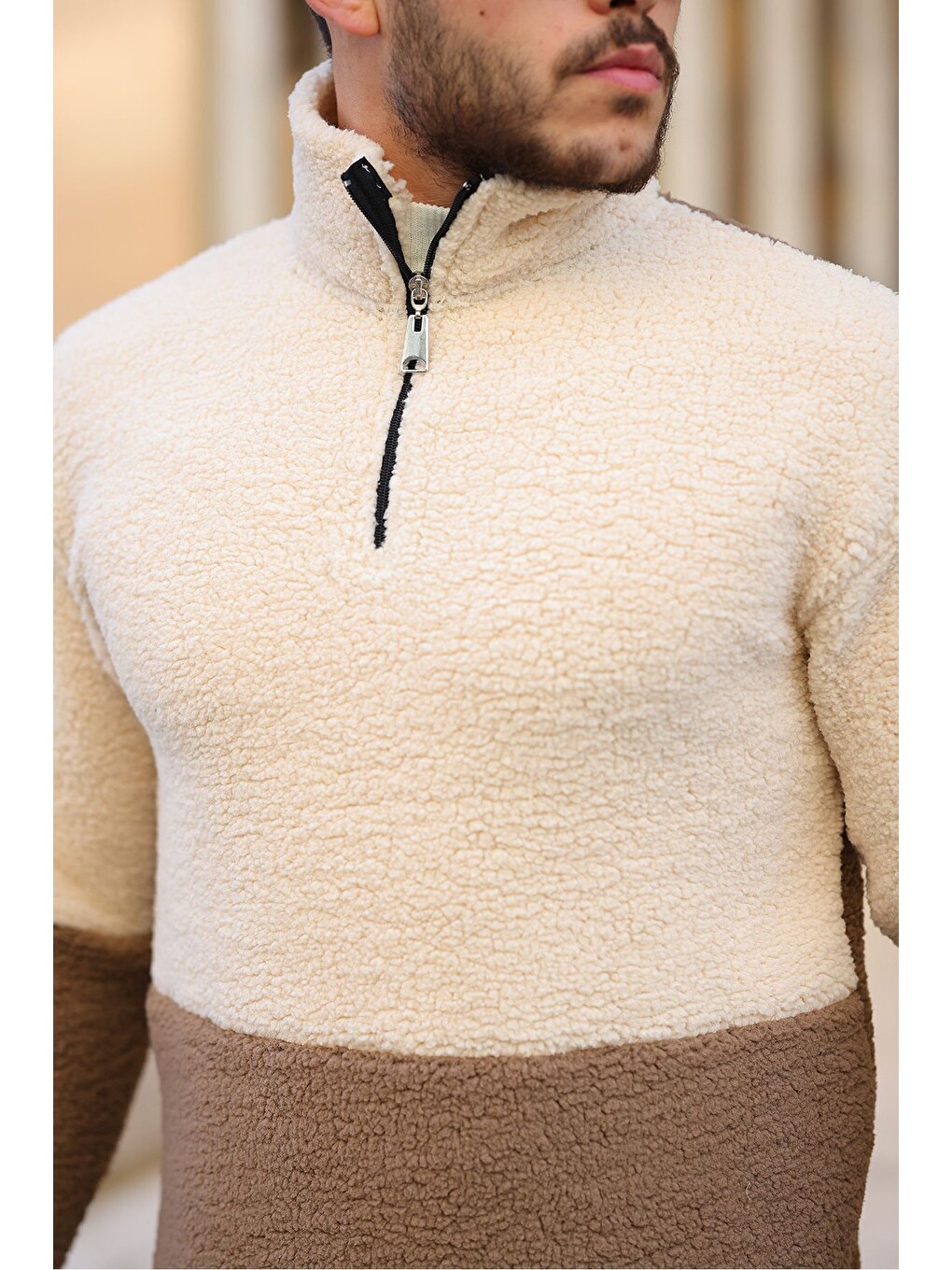 Kahverengi Yarım Fermuarlı Çift Renk Pelüş Sweatshirt-1