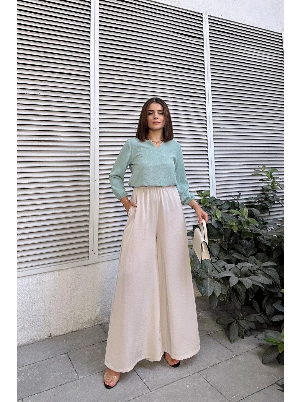 Bej Beli Lastikli İspanyol Bol Paça Pantolon-2