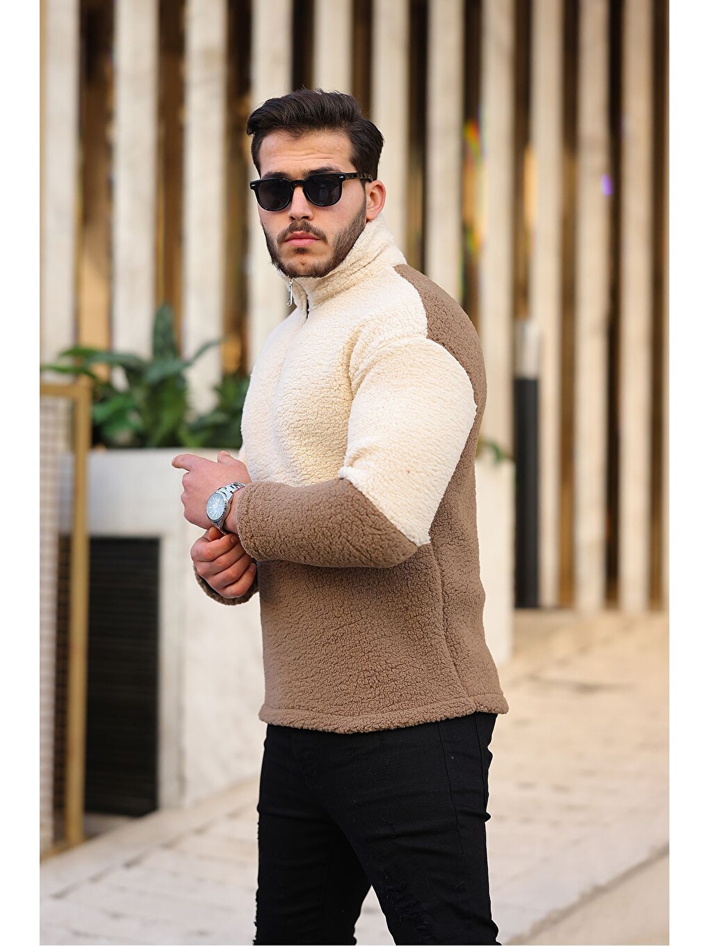 Kahverengi Yarım Fermuarlı Çift Renk Pelüş Sweatshirt-2