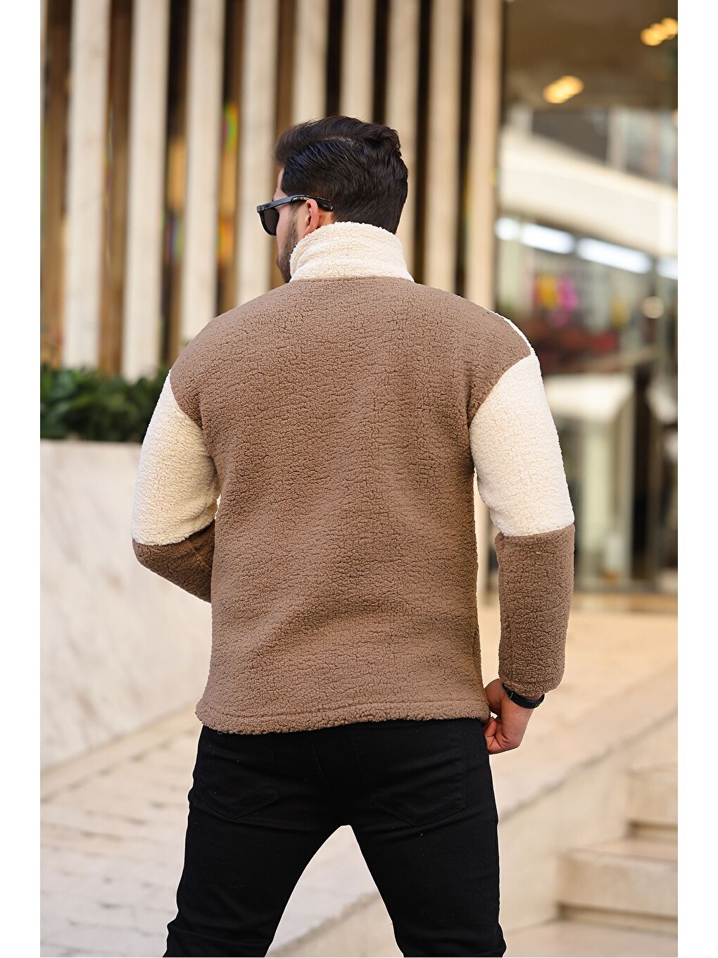 Kahverengi Yarım Fermuarlı Çift Renk Pelüş Sweatshirt-3