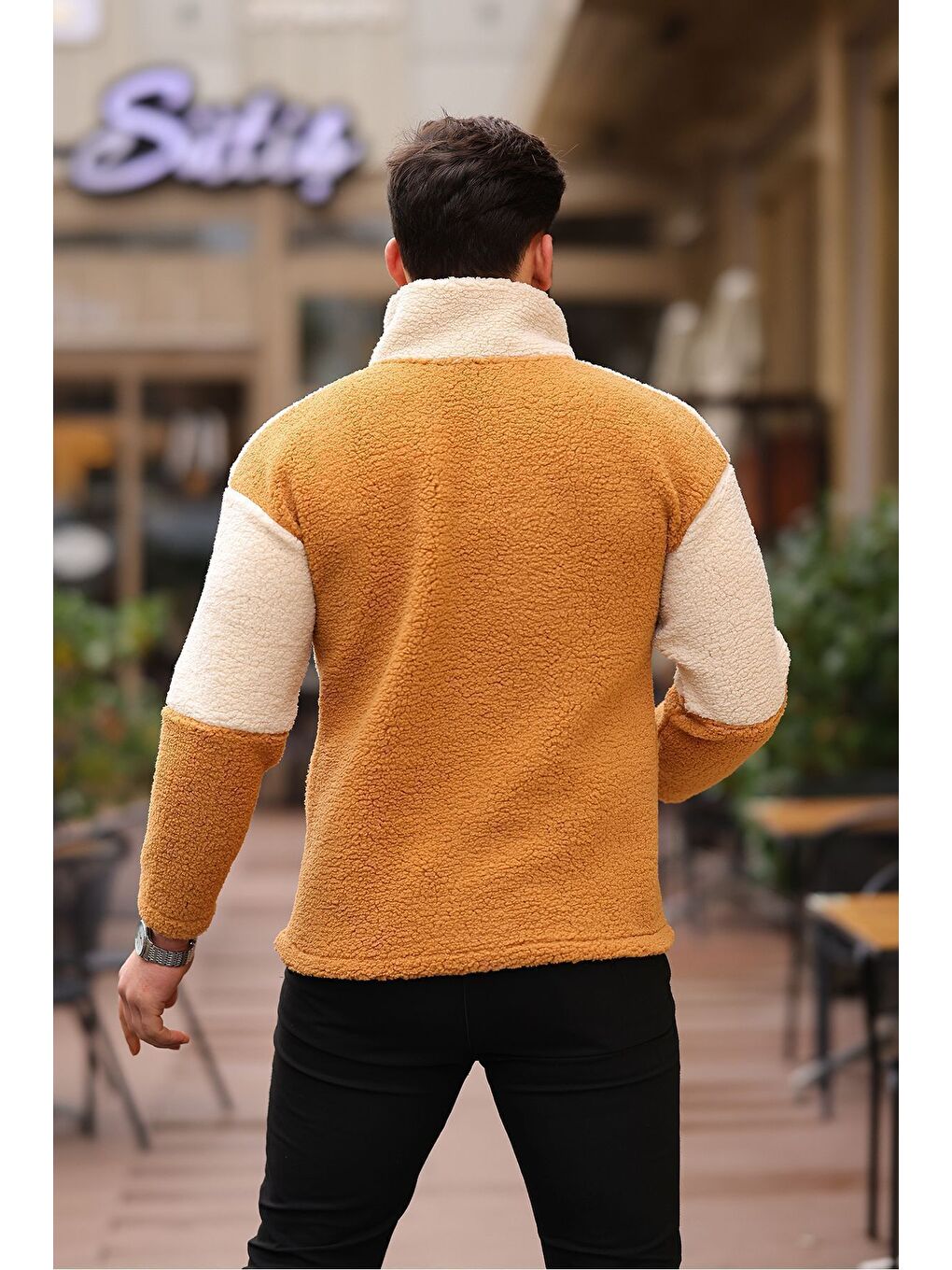 Kahverengi Yarım Fermuarlı Çift Renk Pelüş Sweatshirt-3