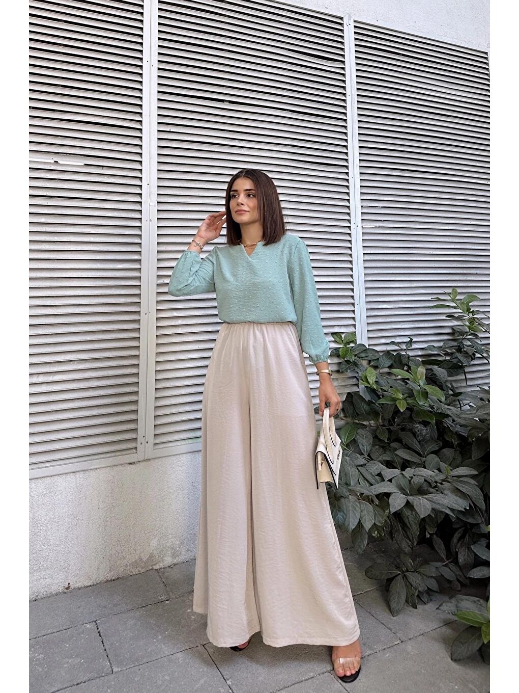 Bej Beli Lastikli İspanyol Bol Paça Pantolon-3