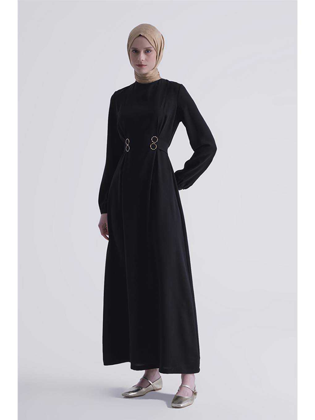 Bel Detaylı Elbise Siyah-1