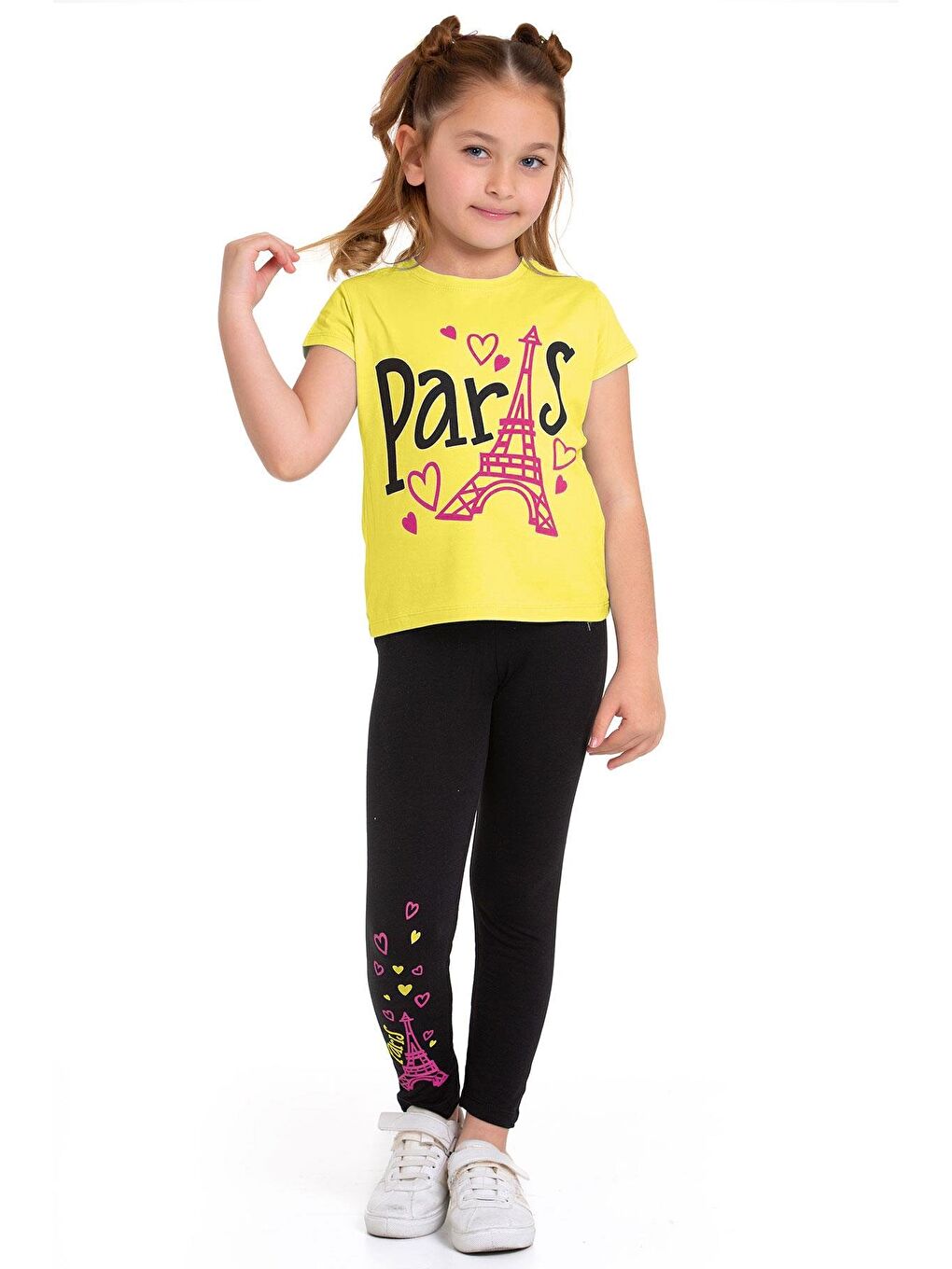 Paris Yazı Baskılı Açık Sarı Renk Kız Çocuk Taytlı Takım