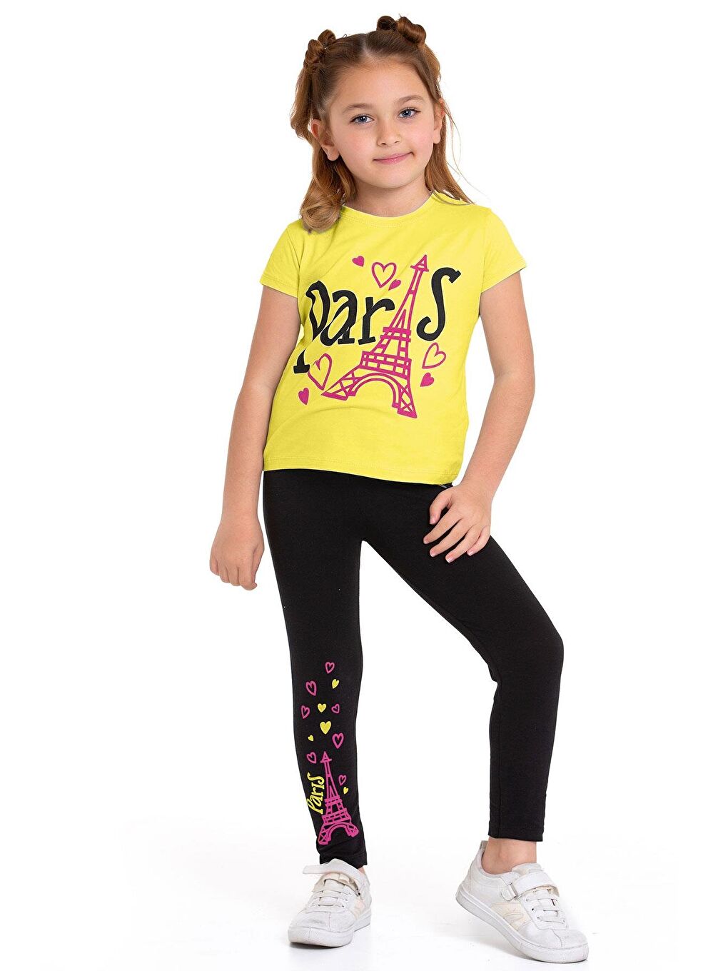 Paris Yazı Baskılı Açık Sarı Renk Kız Çocuk Taytlı Takım-1