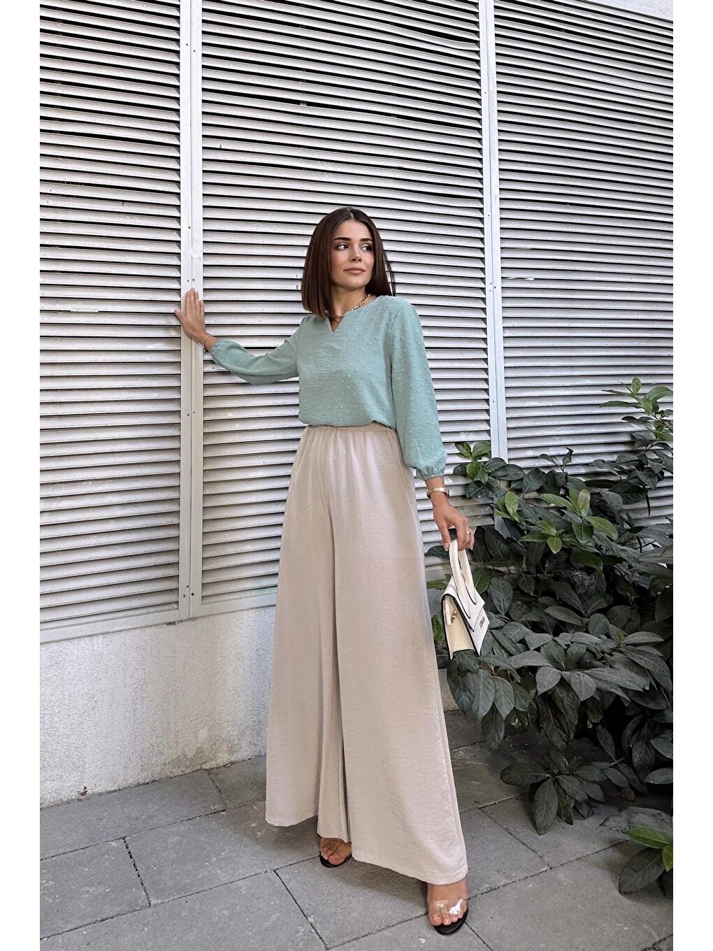 Bej Beli Lastikli İspanyol Bol Paça Pantolon-4