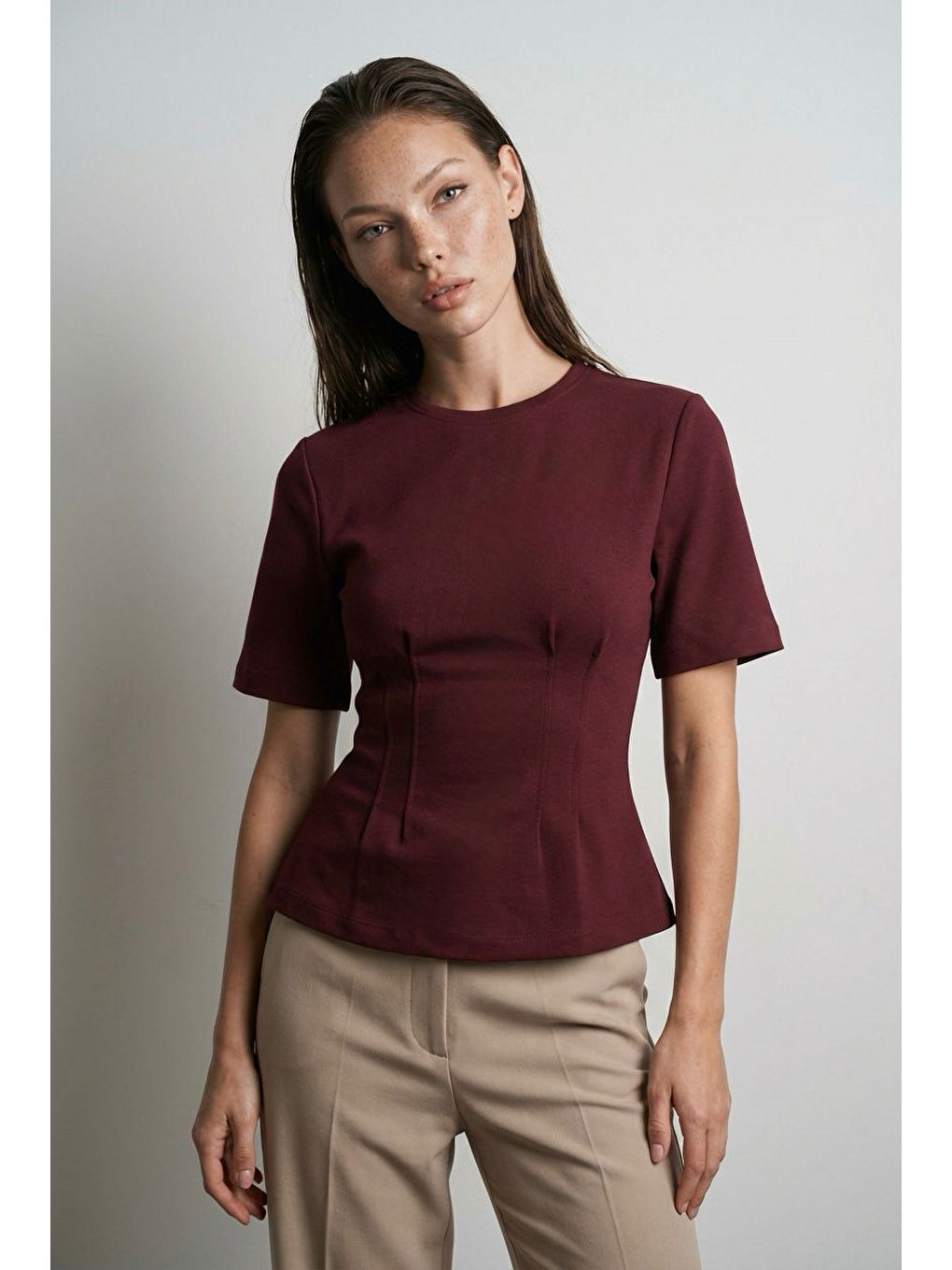 Bordo Kadın Bisiklet Yaka Belden Oturtmalı Basic Tişört-2