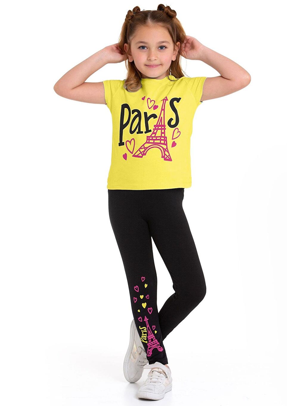 Paris Yazı Baskılı Açık Sarı Renk Kız Çocuk Taytlı Takım-3