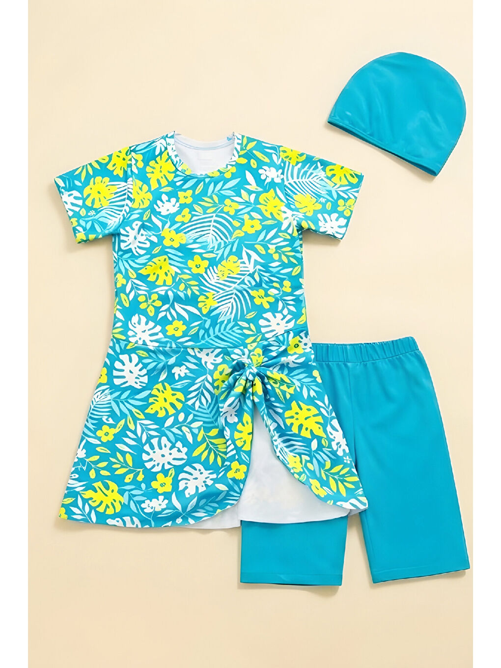 Turkuaz Kız Çocuk Elbise Mayo 3'lü Takım (Elbise Mayo+Şort+Bone) 8-16 Yaş 12619B-1