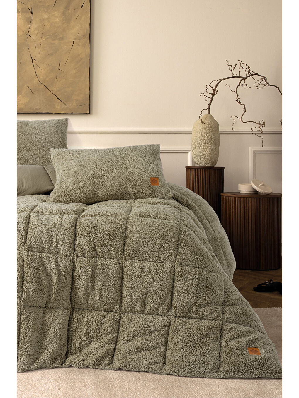 Bej Pamuk Box Çift Kişilik Pelüş Yorgan Seti Taş 195x215 cm