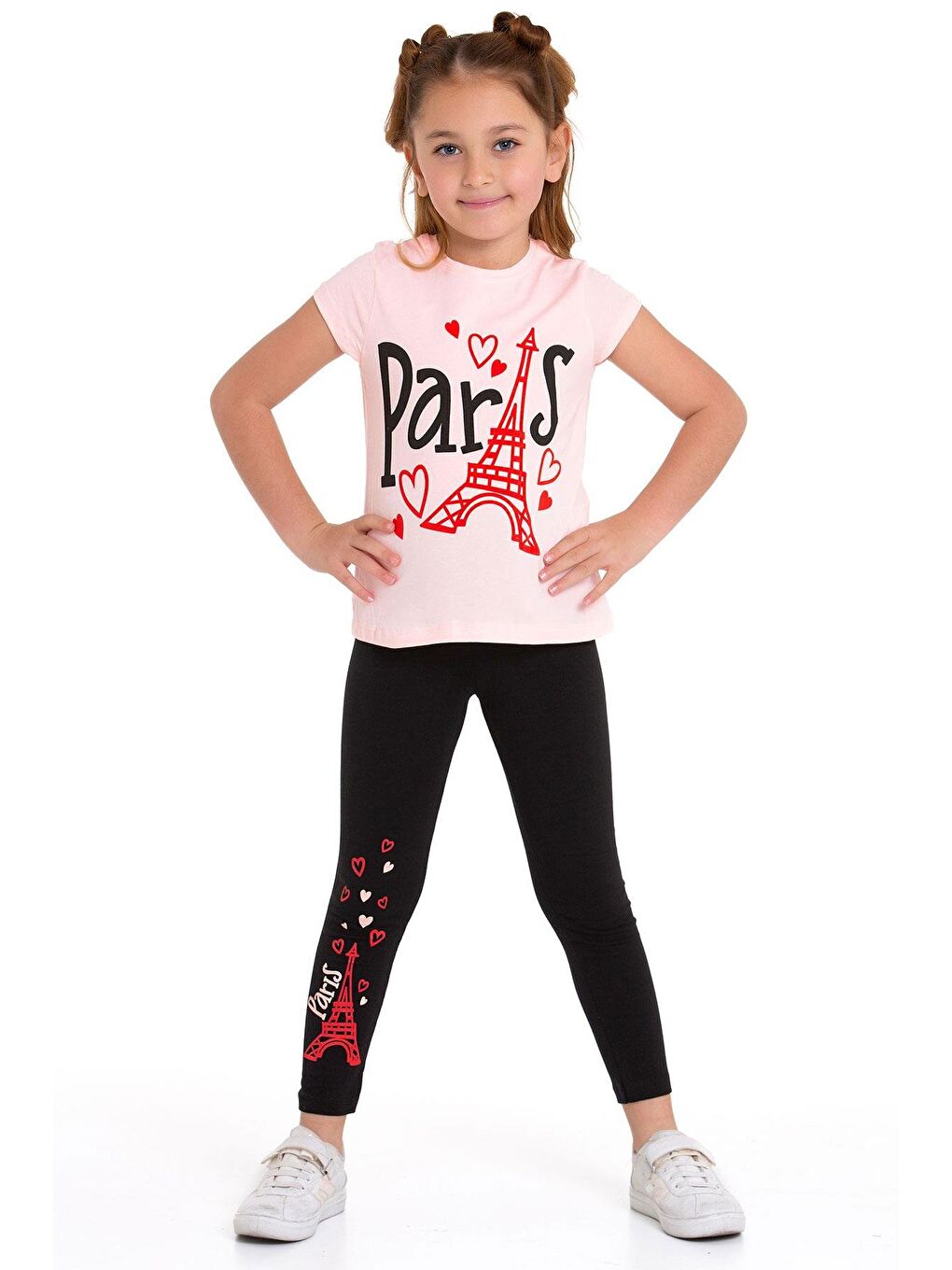 Pembe Paris Yazı Baskılı Somon Renk Kız Çocuk Taytlı Takım