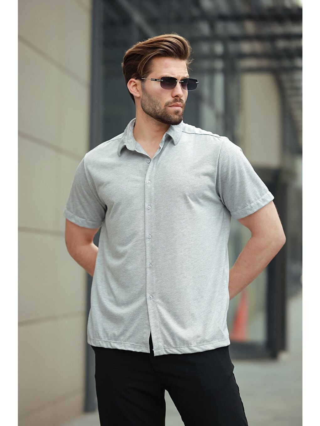 Gri Basic Kısa Kollu Erkek Gömlek E6760