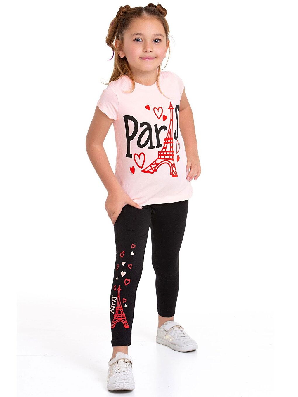 Pembe Paris Yazı Baskılı Somon Renk Kız Çocuk Taytlı Takım-1