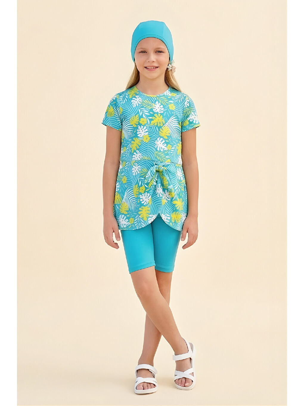 Turkuaz Kız Çocuk Elbise Mayo 3'lü Takım (Elbise Mayo+Şort+Bone) 8-16 Yaş 12619B-2