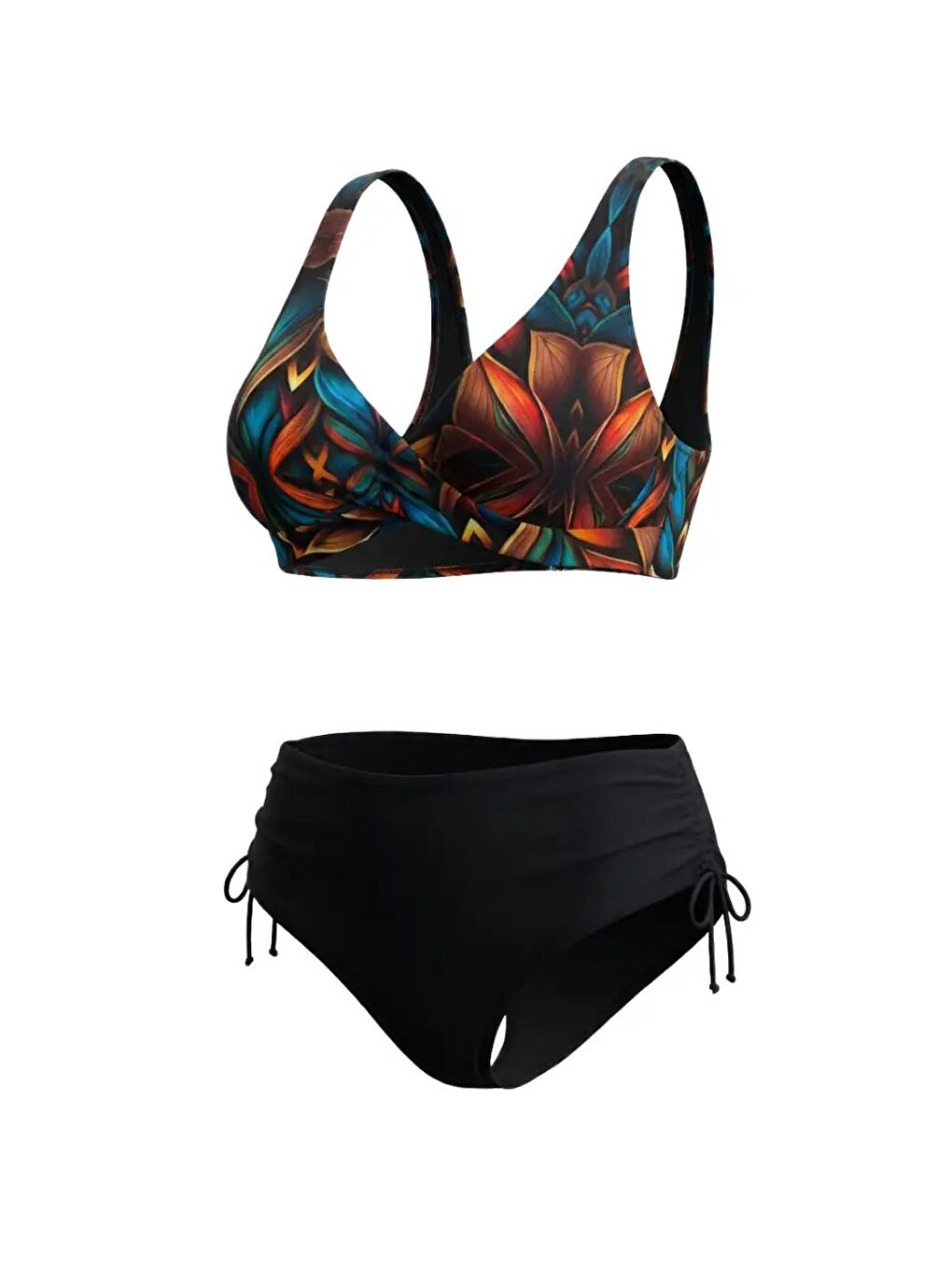 Kadın Siyah Çiçek Desenli Astarlı Büyük Beden Bikini Takımı HZL26S-LC21202-1