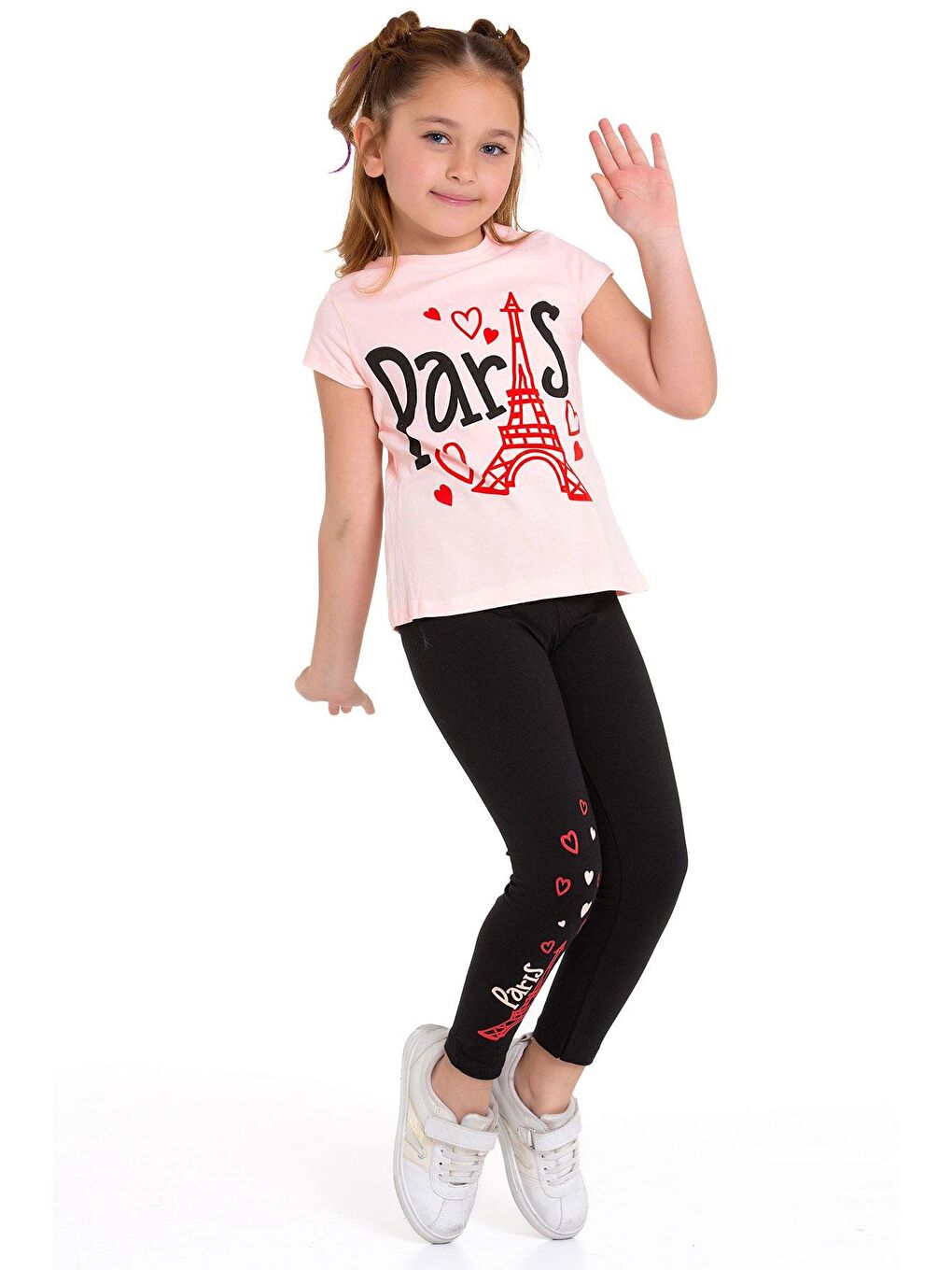 Pembe Paris Yazı Baskılı Somon Renk Kız Çocuk Taytlı Takım-4