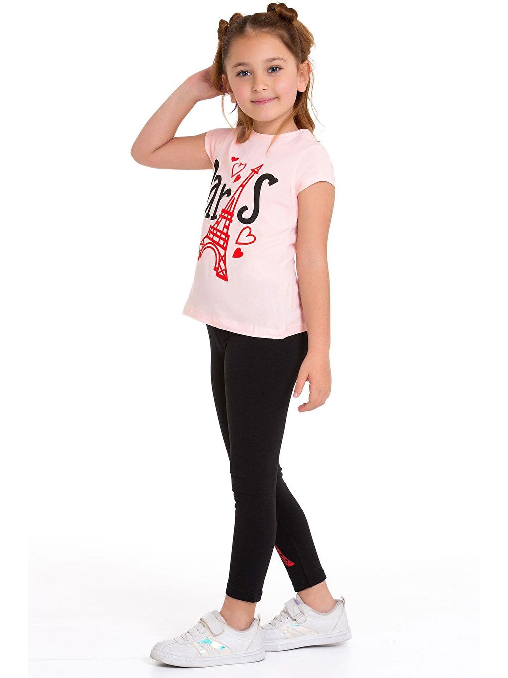 Pembe Paris Yazı Baskılı Somon Renk Kız Çocuk Taytlı Takım-5