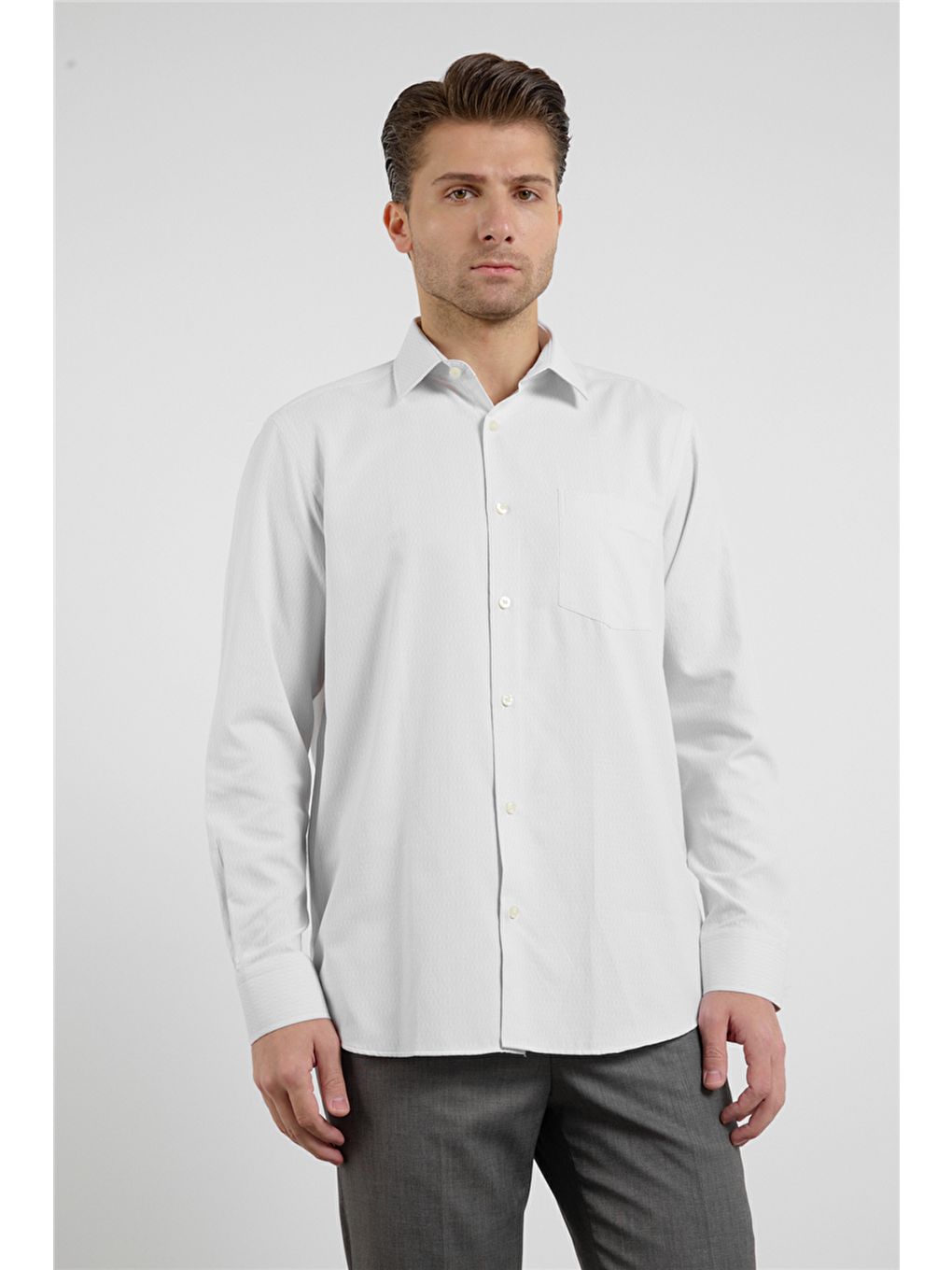 Bej-Beyaz Kendinden Desenli Sert Yaka Uzun Kol Cepli Comfort Fit Pamuklu Gömlek 1004255226