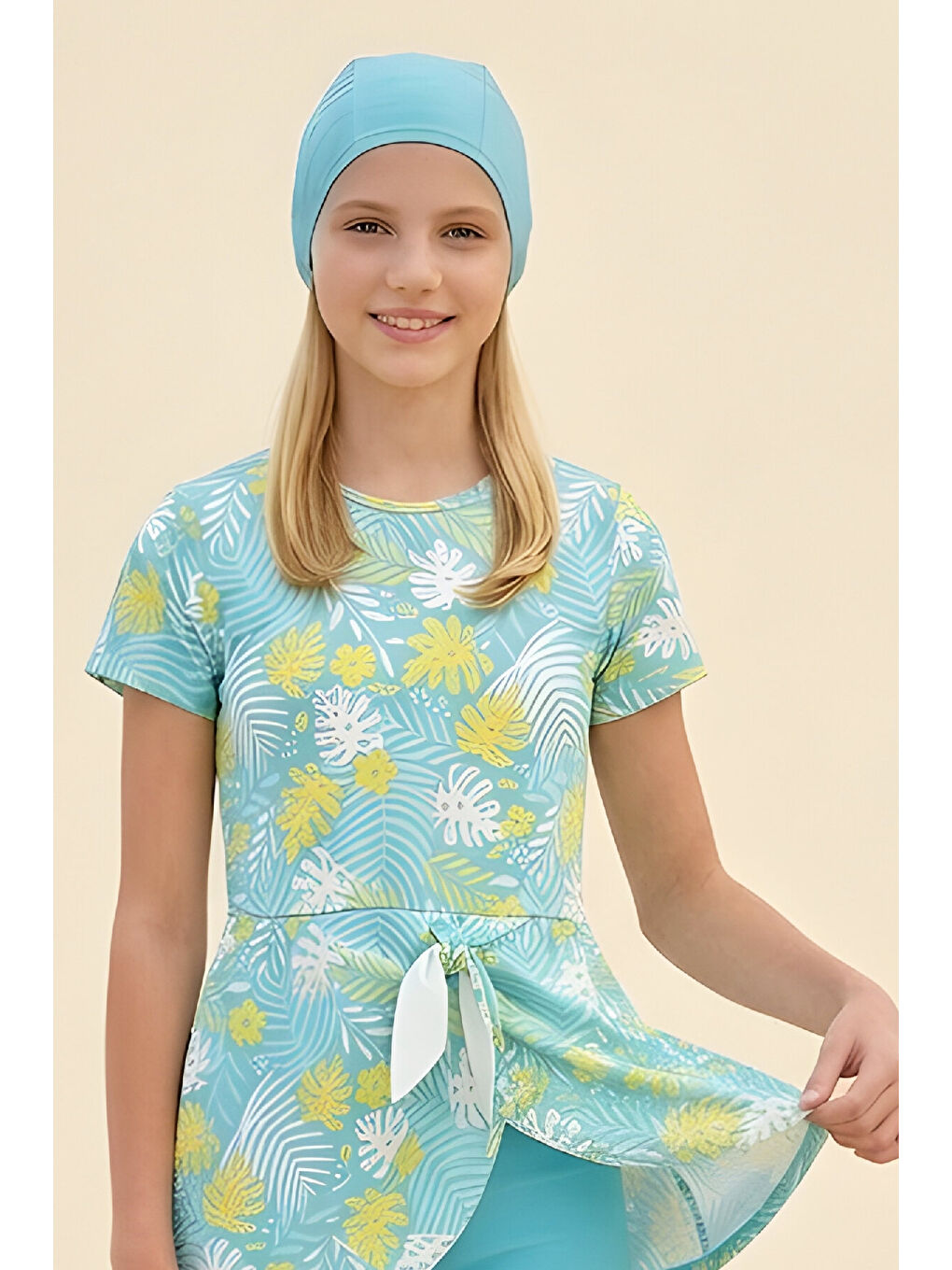 Turkuaz Kız Çocuk Elbise Mayo 3'lü Takım (Elbise Mayo+Şort+Bone) 8-16 Yaş 12619B-3