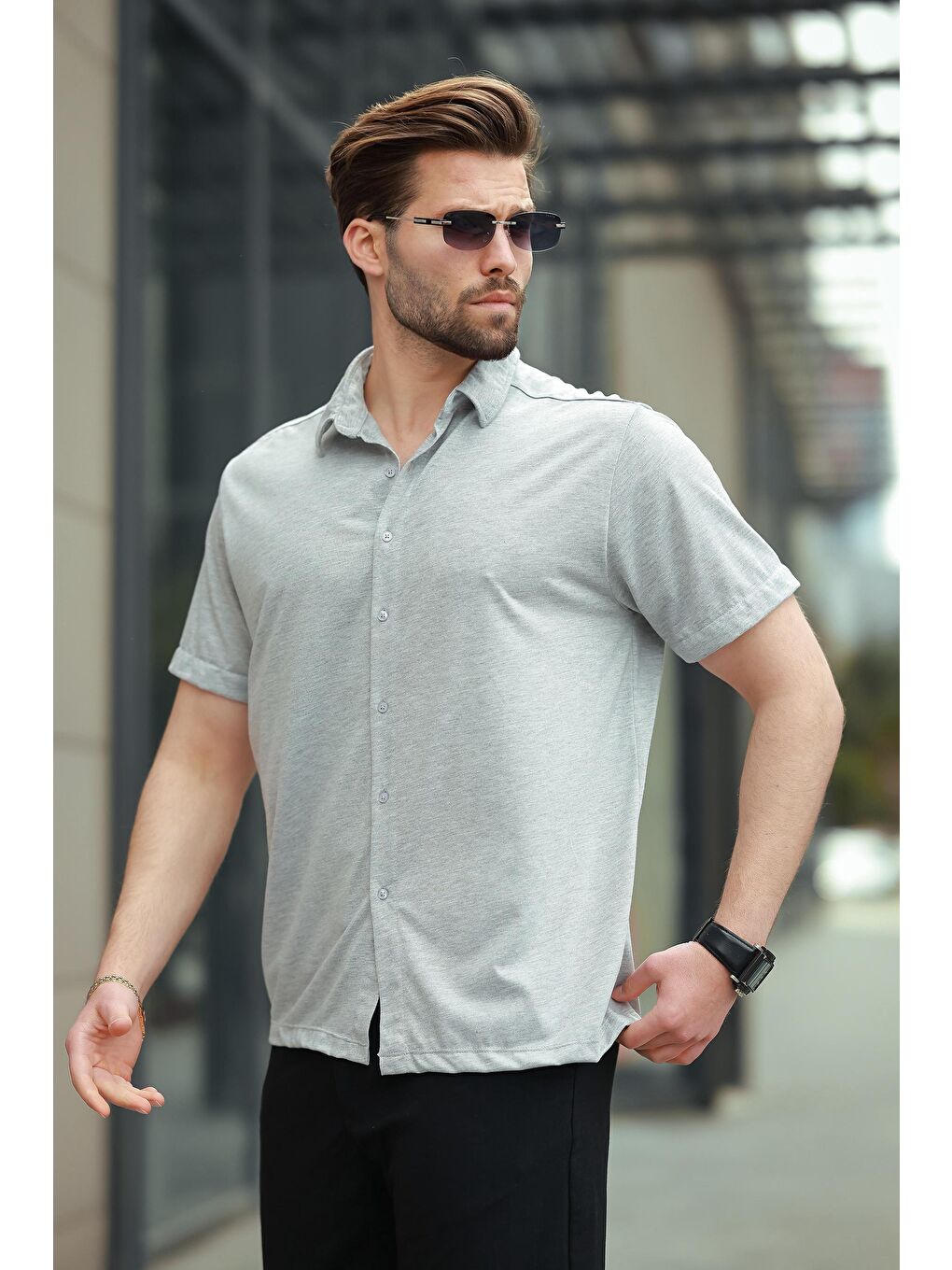 Gri Basic Kısa Kollu Erkek Gömlek E6760-1