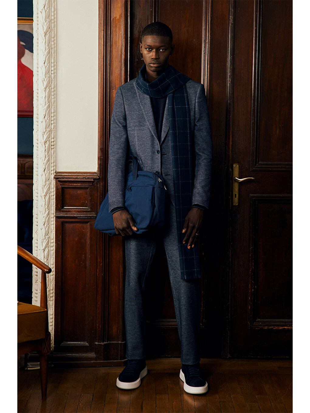 Erkek Lacivert Slim Fit Dar Kesim Kırlangıç Yaka Desenli Takım Elbise-1