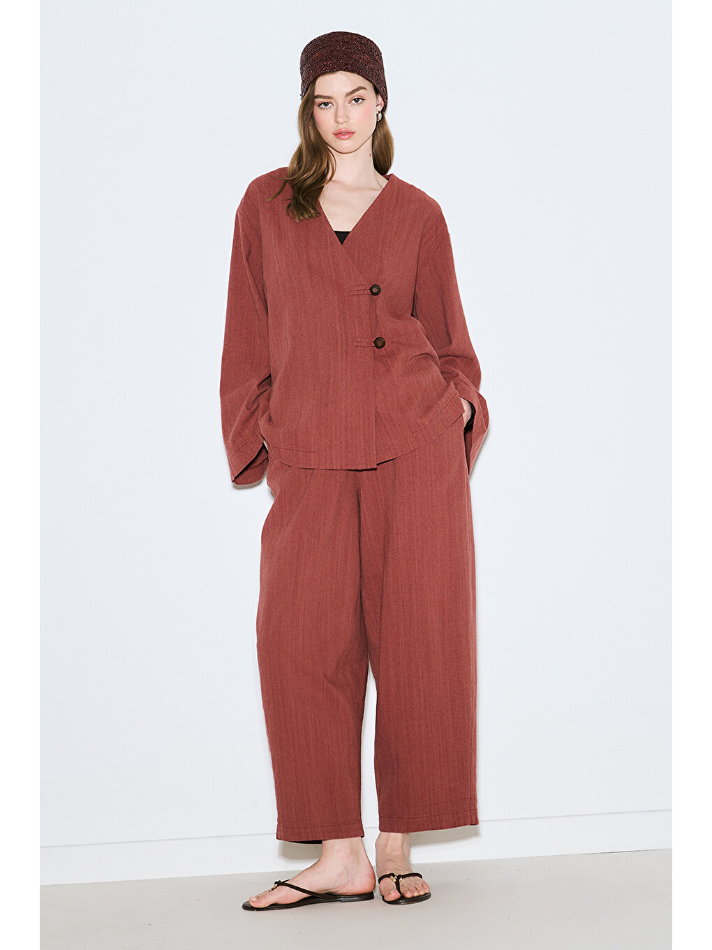 Kahverengi Rustik Düğmeli Kimono Kiremit-2