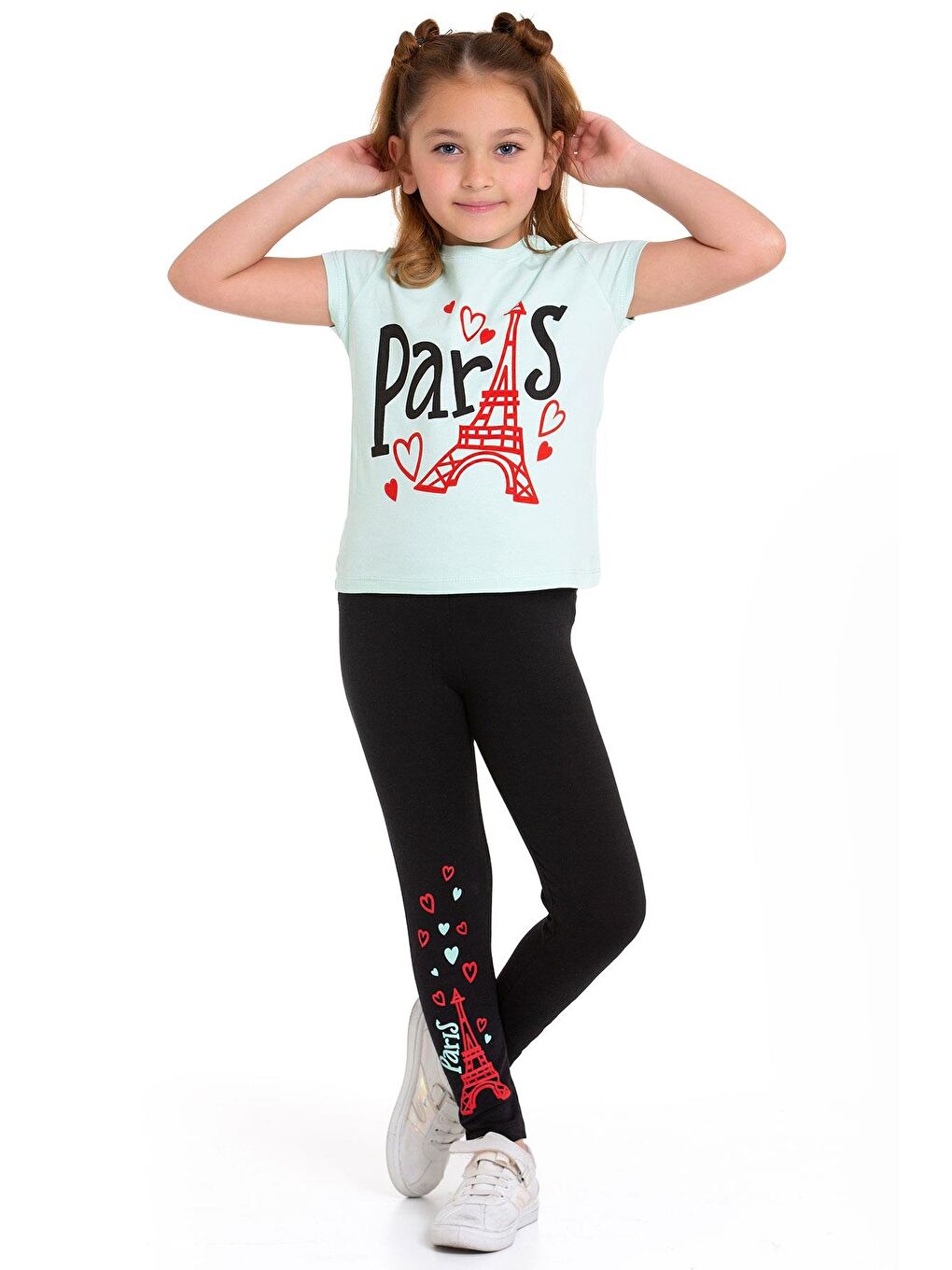 Yeşil Paris Yazı Baskılı Mint Renk Kız Çocuk Taytlı Takım-1