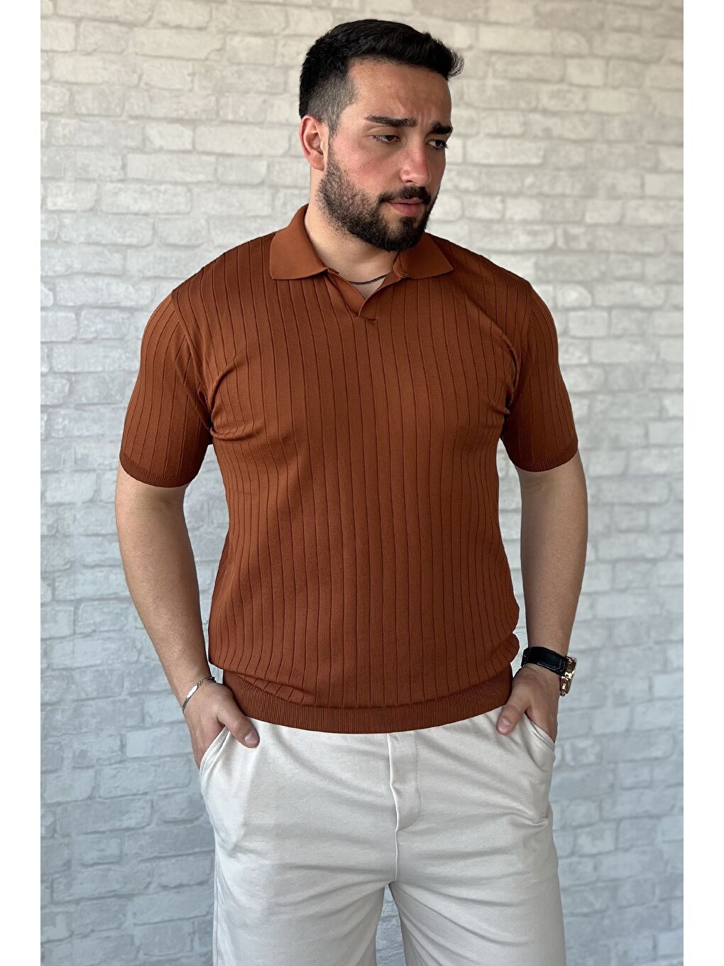 Kahverengi Erkek Polo Yaka Kendinden Çizgi Desenli Triko Tişört