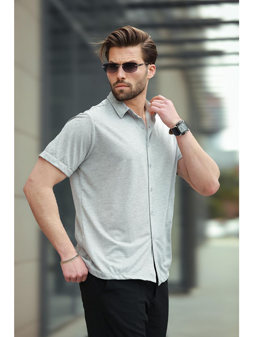 Gri Basic Kısa Kollu Erkek Gömlek E6760-2