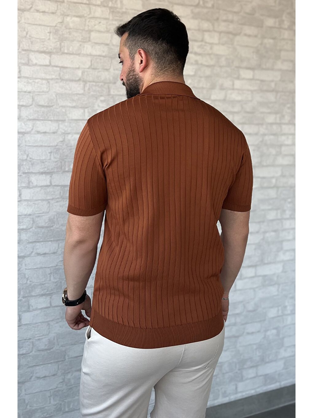 Kahverengi Erkek Polo Yaka Kendinden Çizgi Desenli Triko Tişört-2